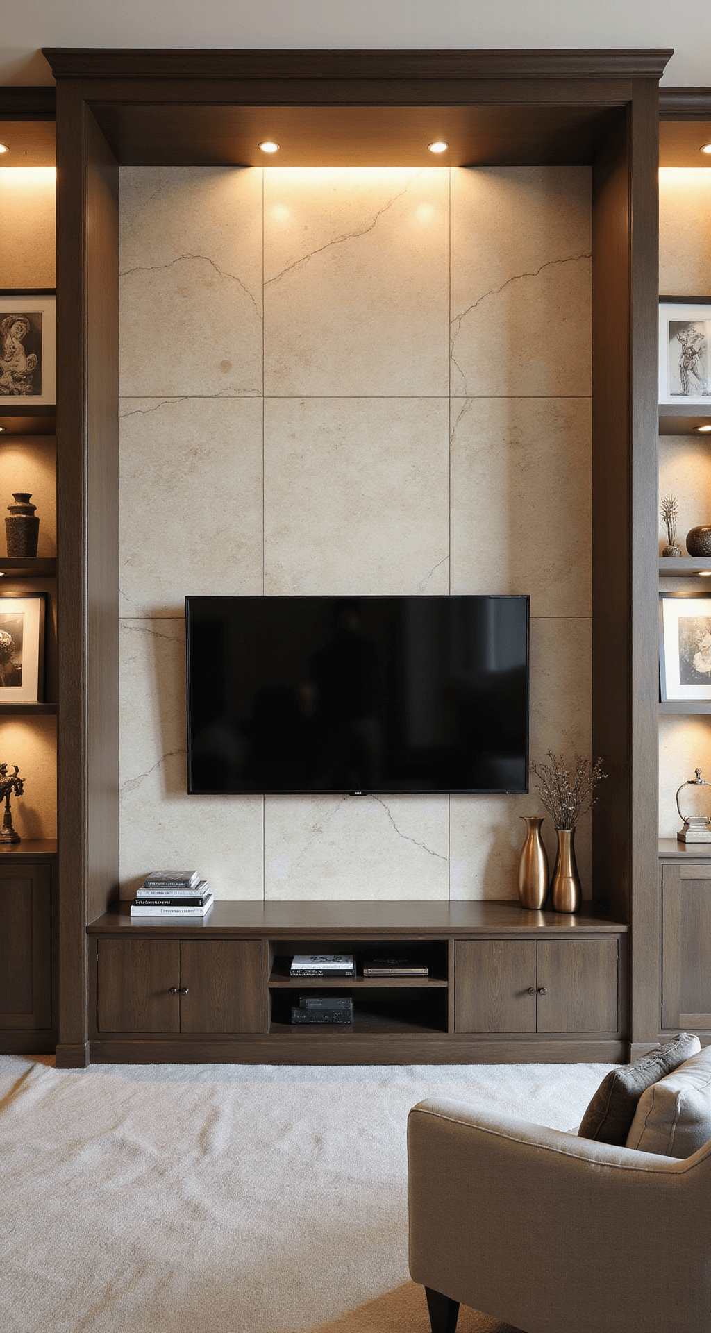 Luxurious living space featuring a stone-clad TV wall in cream travertine, dark oak custom shelving, and a gold-accented color scheme, illuminated by ambient lighting.
