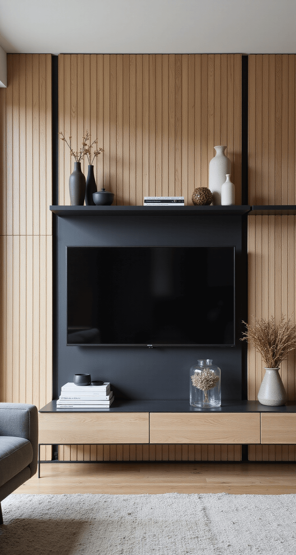 Modern living space featuring a handcrafted TV wall design with bleached oak slats, floating black metal shelves, and a mounted 77-inch TV, illuminated by morning light and indirect lighting, complemented by touches of ceramics, books, and preserved botanicals.