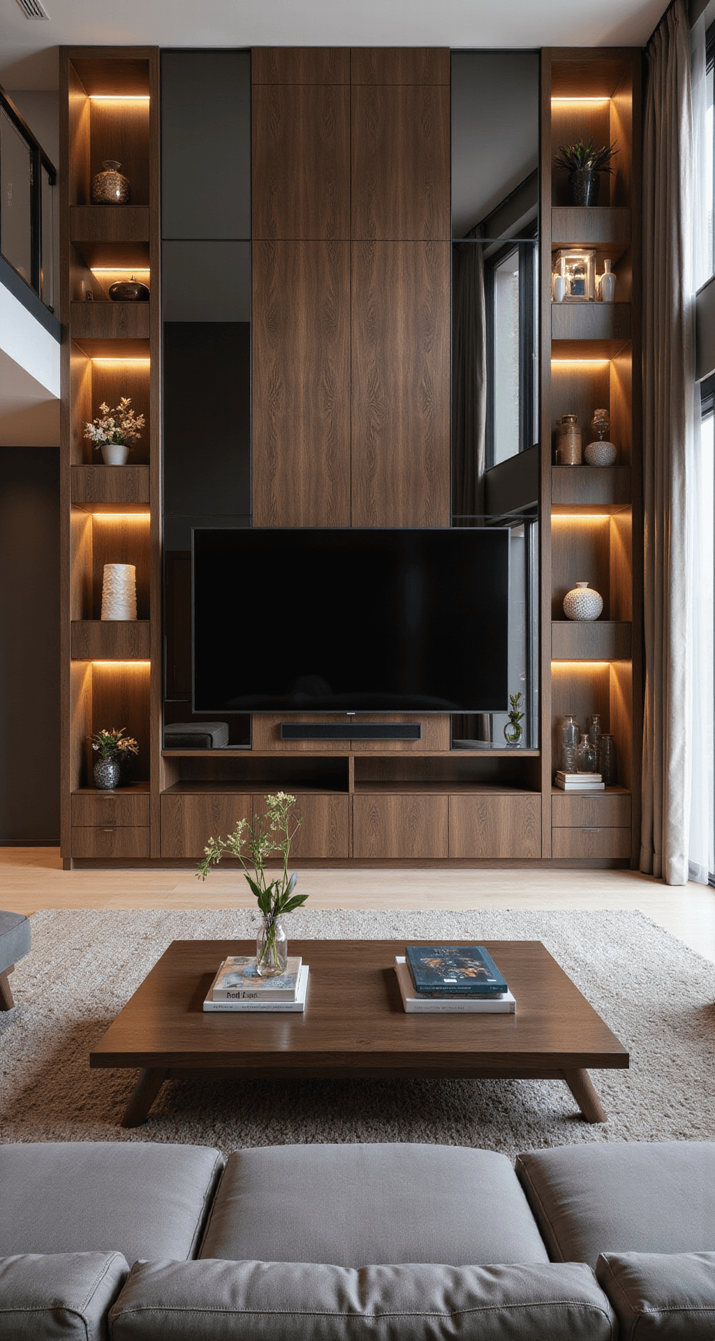 Bird's eye view of a luxurious 24x30ft living room featuring a statement TV wall with a central 85-inch TV, surrounded by illuminated niches. The design includes alternating floor-to-ceiling smoked mirror panels and dark-stained oak, with dimmable LED strips for layered lighting. The color palette consists of deep brown, smoky gray, and bronze, complemented by large-scale art and designer accessories.