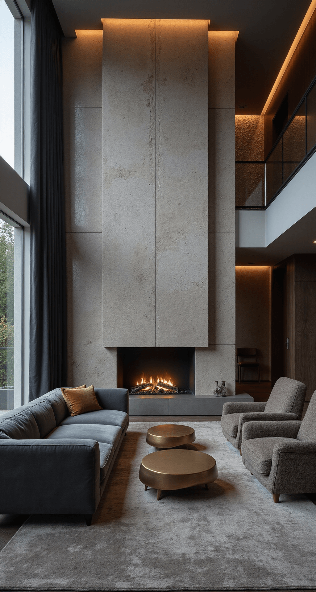 Modern Luxury Living Rooms: Crafting Your Ultimate Sophisticated Space A dramatic evening scene in a double-height living room, featuring a monolithic limestone fireplace wall with LED strips, ultra-modern charcoal velvet sofa, brushed bronze coffee tables, and rich textures from bouclé chairs, silk rug, and metallic wallpaper, captured from a mezzanine level showcasing interplay of light and shadow.
