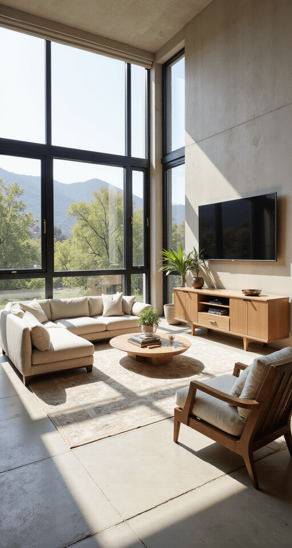 Modern Luxury Living Rooms: Crafting Your Ultimate Sophisticated Space A sunlit corner living space with floor-to-ceiling windows, featuring a floating bleached oak credenza, an ivory bouclé sectional on a geometric silk rug, and vintage Moroccan accent chairs, highlighting a mix of natural stone, aged brass, and raw silk in warm whites and soft beige tones.