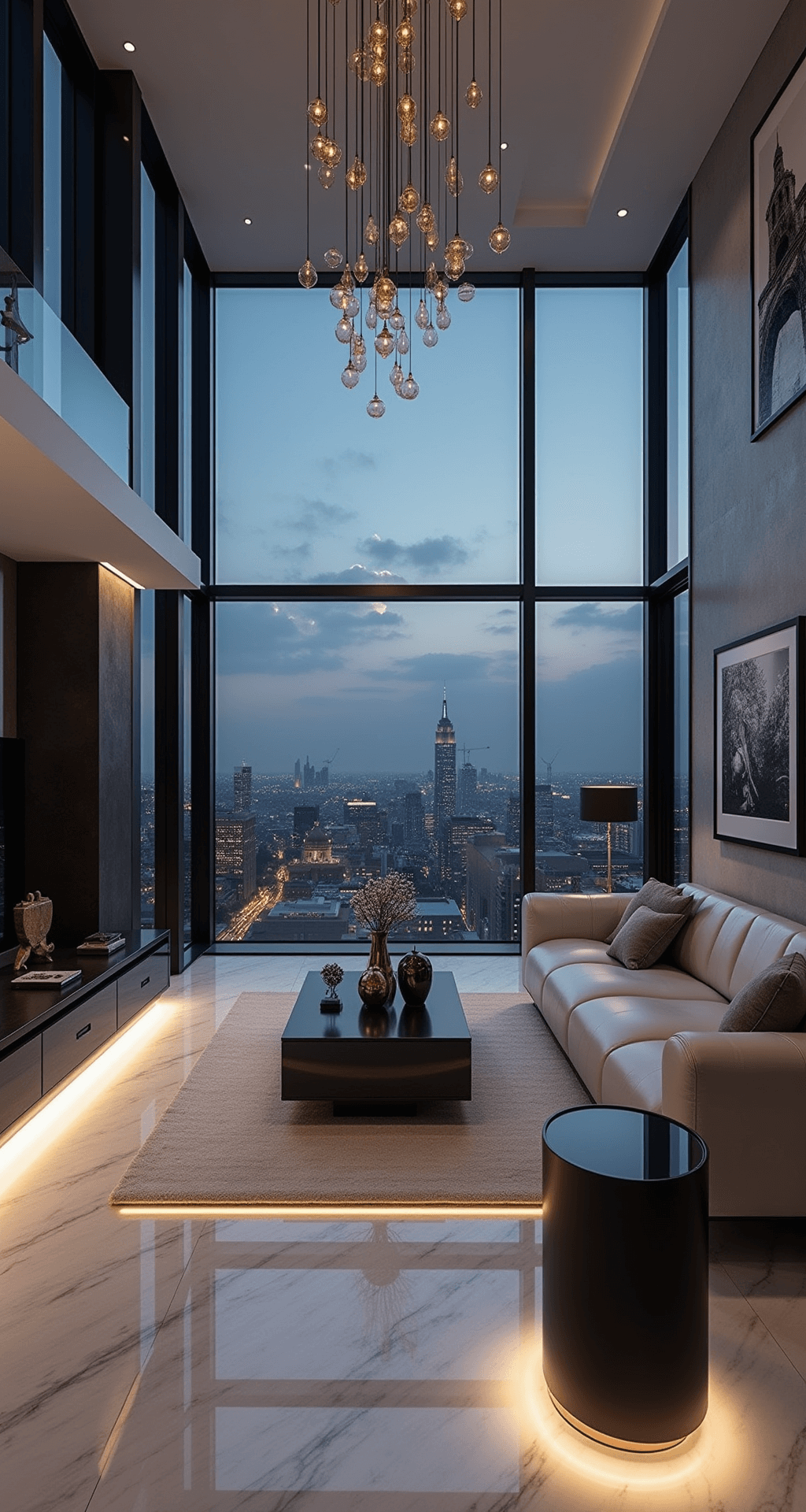 Modern Luxury Living Rooms: Crafting Your Ultimate Sophisticated Space Modernist penthouse living room at twilight featuring panoramic city views through black-framed windows, Italian marble flooring with LED inset lighting, a statement chandelier of hand-blown glass spheres, modular pearl grey leather seating, and styled with oversized black and white photography and minimalist sculptures, in a color scheme of concrete grey, jet black, and mirror-polished chrome.