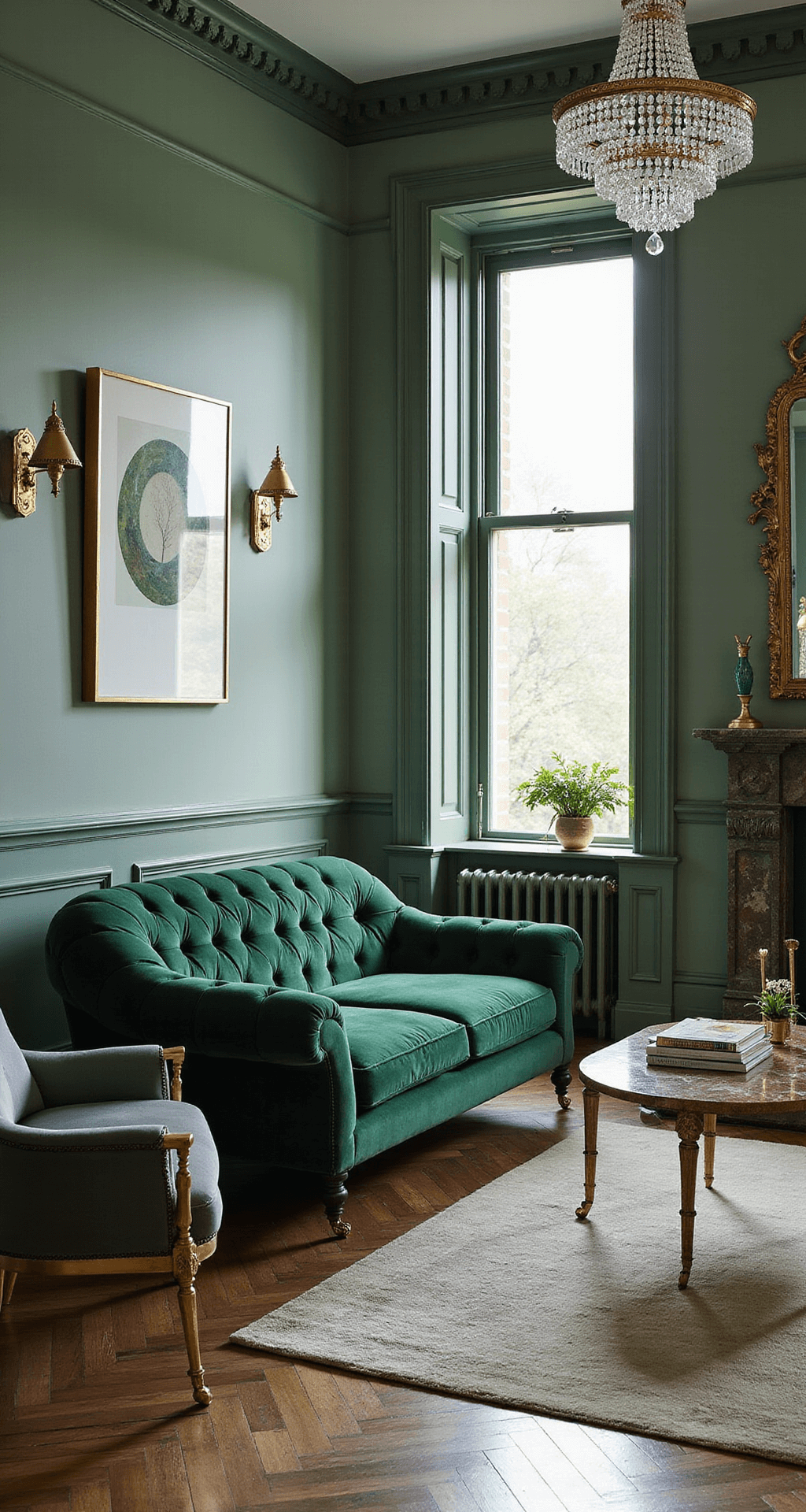 Modern Luxury Living Rooms: Crafting Your Ultimate Sophisticated Space An intimate Victorian-style living room featuring a channel-tufted emerald velvet sofa, brass-framed accent chairs, and a vintage crystal chandelier, elegantly blending original architectural details with modern luxury in warm afternoon light.