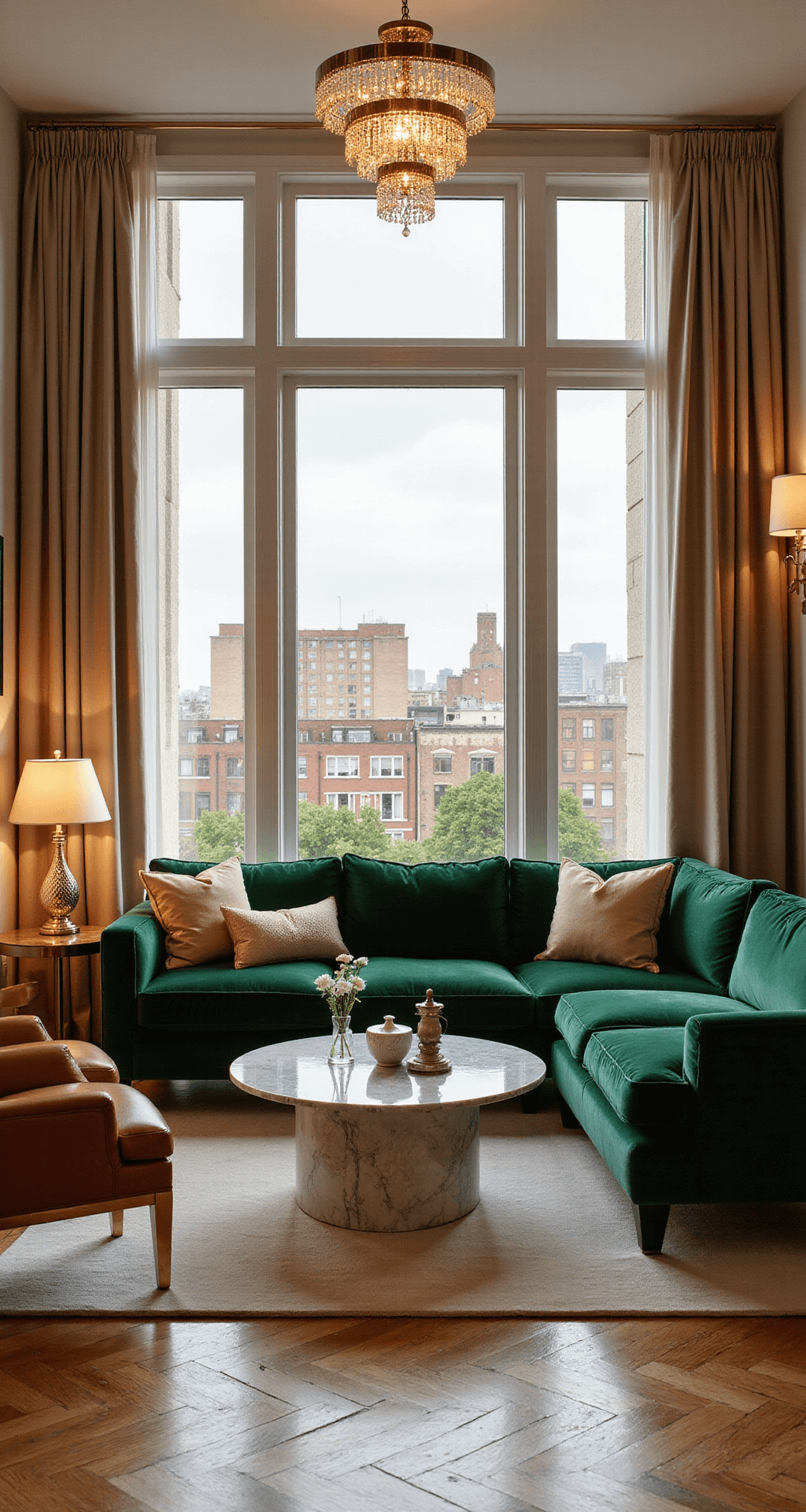 Elevate Your Living Space: The Ultimate Guide to Luxury Interior Design A contemporary grand penthouse living room with floor-to-ceiling windows, featuring an emerald velvet L-shaped sofa, brass-framed accent chairs, and a marble coffee table, illuminated by a crystal chandelier, with silk drapes and herringbone hardwood floors. The view captures a cityscape during golden hour.