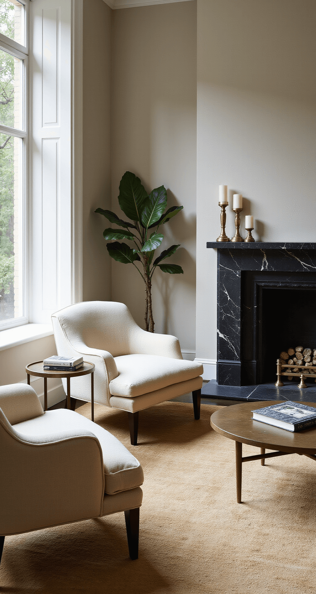 Elevate Your Living Space: The Ultimate Guide to Luxury Interior Design Intimate sitting area featuring cream bouclé armchairs, a black marble fireplace with a brass mantel, textured Venetian plaster walls, and a muted gold hand-knotted silk rug, all bathed in soft afternoon light.