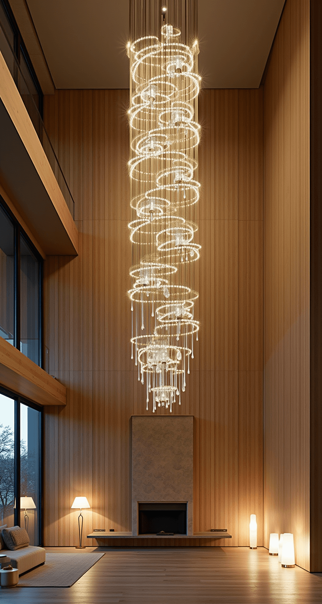 Elevate Your Living Space: The Ultimate Guide to Luxury Interior Design Double-height living space featuring a modernist spiral staircase and a dramatic brass and glass chandelier. The scene is warmly illuminated with white oak paneling and strategically placed floor lamps, captured from a high angle on the mezzanine during the evening.