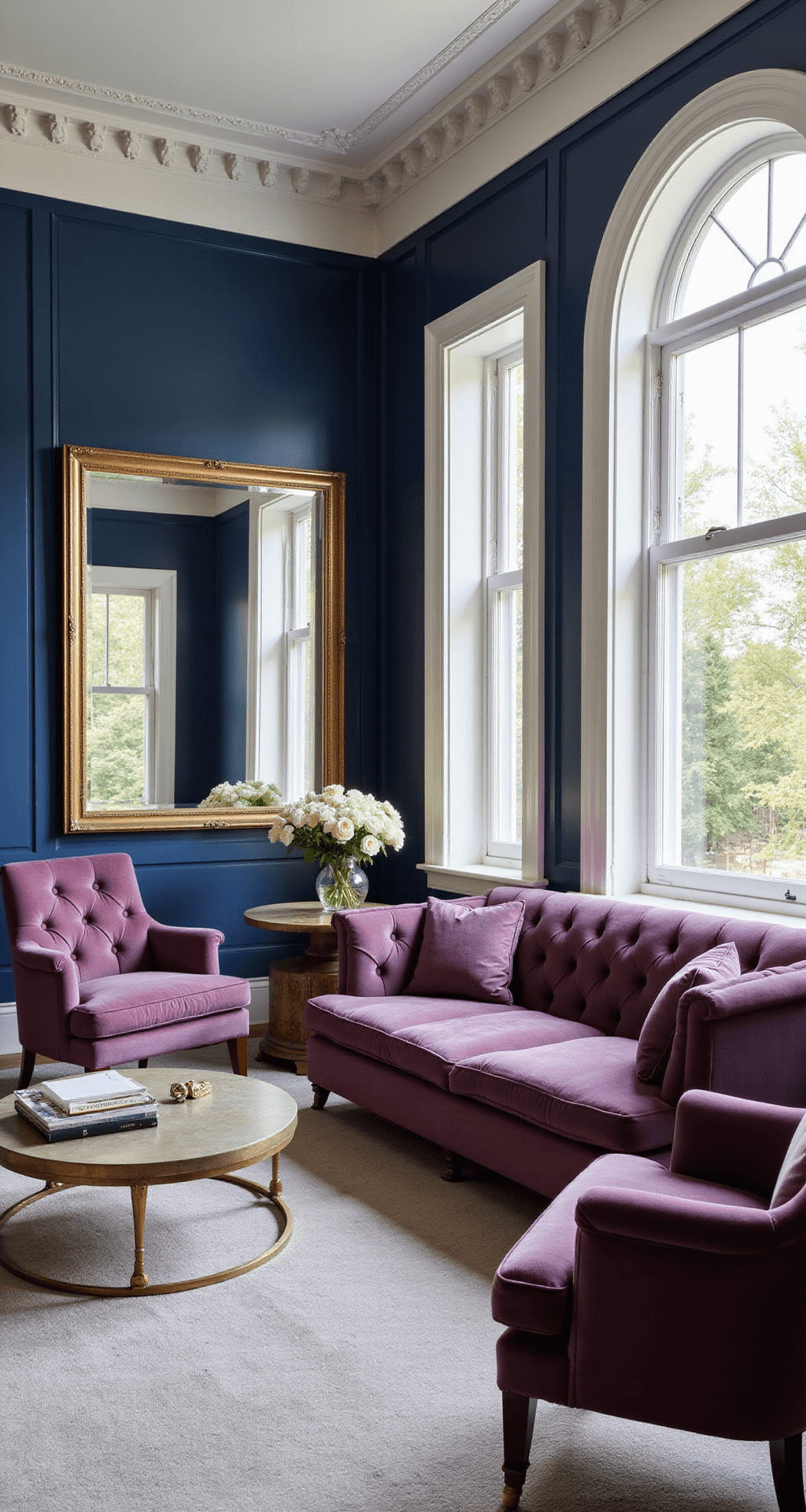 Elevate Your Living Space: The Ultimate Guide to Luxury Interior Design A formal living room featuring sapphire blue paneled walls and ivory crown molding, with a tufted velvet sofa in deep amethyst and brass-legged chairs. Antique mirrors reflect light from arched windows, all captured in morning light with a symmetrical composition.
