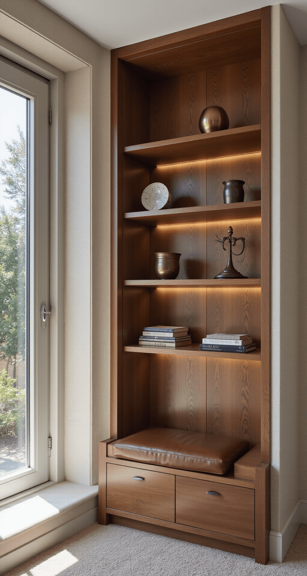 Elevate Your Living Space: The Ultimate Guide to Luxury Interior Design A bright, minimalist corner space featuring built-in walnut shelving adorned with metallic decorative objects, an Italian leather bench, and textured grasscloth walls, all bathed in natural daylight with an emphasis on negative space.