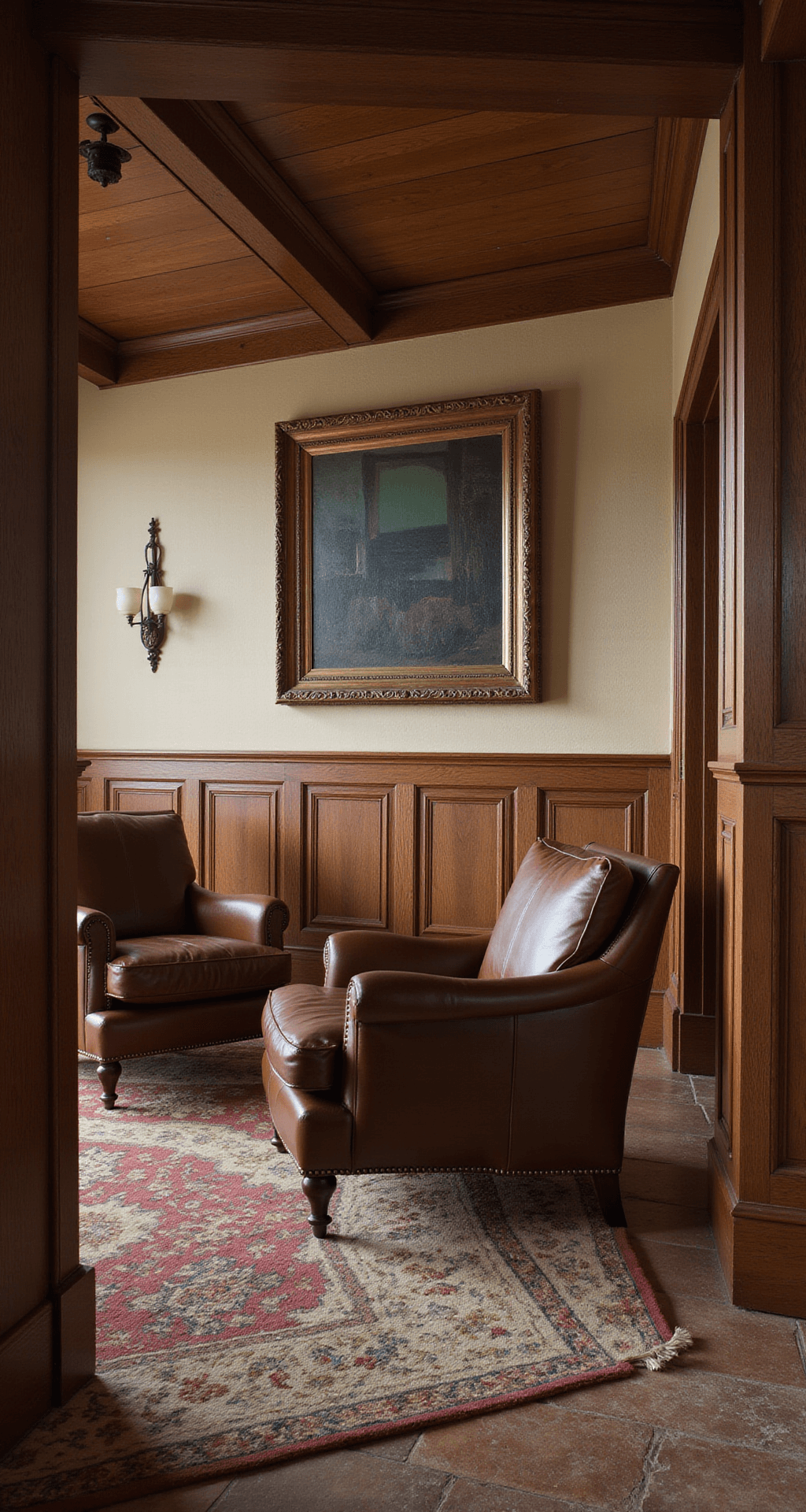 Elevate Your Living Space: The Ultimate Guide to Luxury Interior Design Cozy sitting room with dark oak millwork, leather club chairs, and bronze-framed abstract art, showcasing intricate joinery and textures under dramatic side lighting.