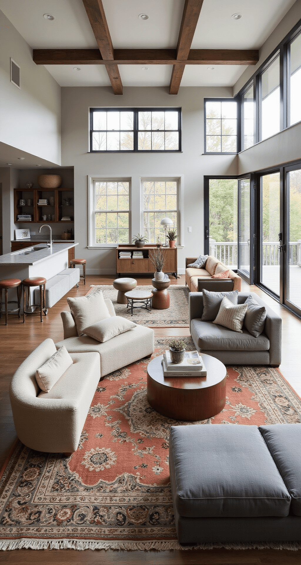 Elevate Your Living Space: The Ultimate Guide to Luxury Interior Design An elevated view of a modern great room featuring a 22x28ft layout with a 10ft tray ceiling, showcasing multiple seating zones defined by overlapping vintage and contemporary rugs. The area is adorned with mixed upholstery, including bouclé, leather, and mohair velvet pieces in a neutral palette. Late afternoon natural light casts soft illumination throughout the space, highlighting the interplay of various textures.