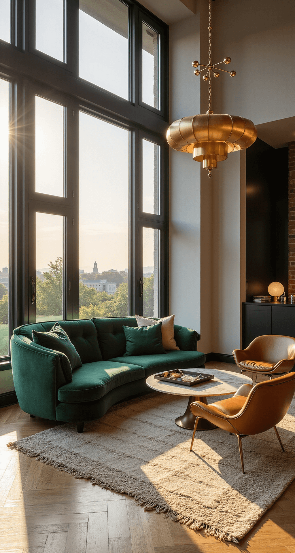 A modern living room featuring a curved emerald velvet sofa, cognac leather Barcelona chairs, and a marble coffee table, illuminated by golden hour sunlight through floor-to-ceiling windows, with long shadows on white oak herringbone floors and a dramatic satin brass chandelier above.