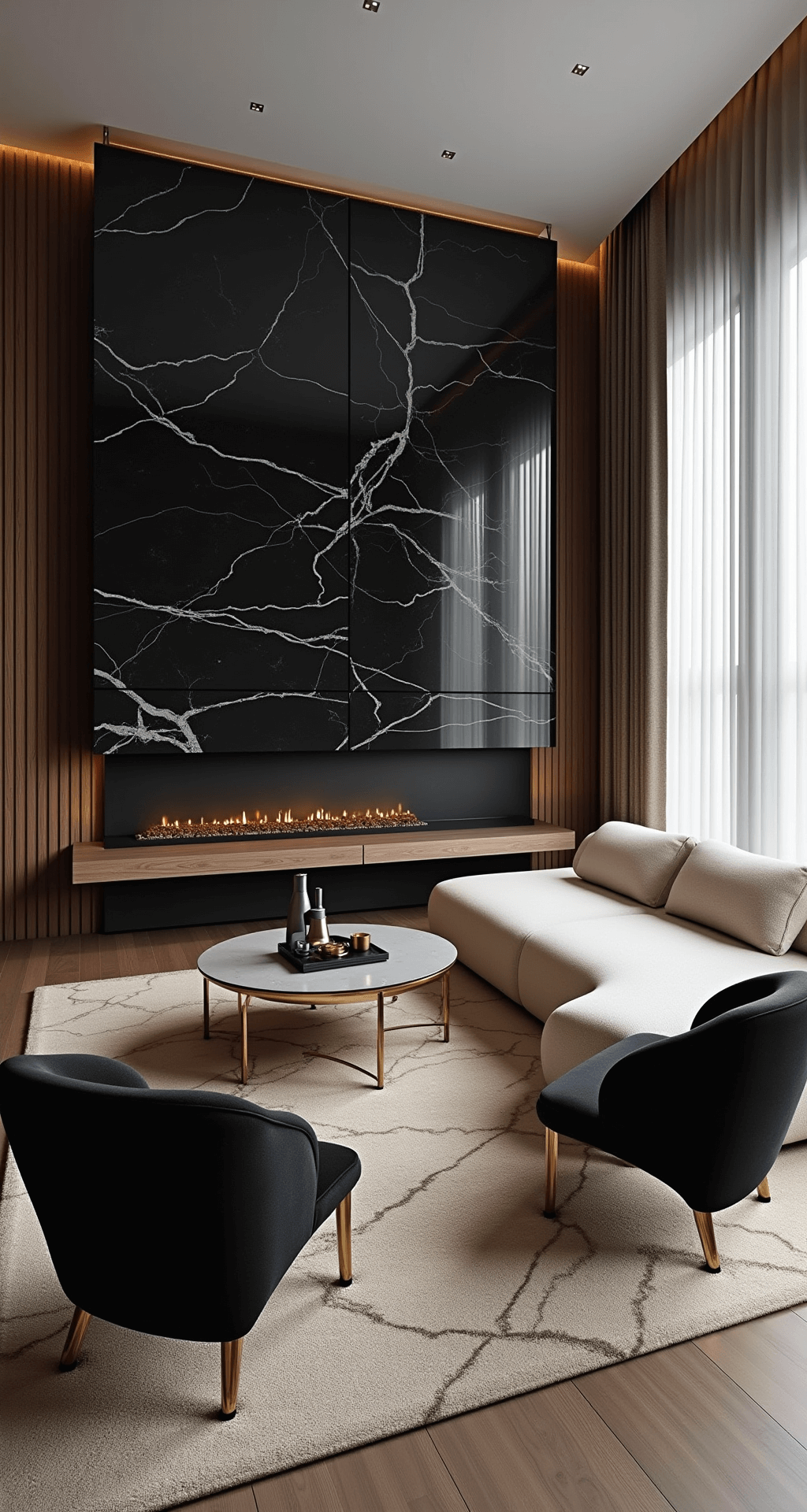 An intimate 15x18ft living space at blue hour featuring a black marble fireplace, walnut media console, ivory bouclé sectional, and sculptural brass and velvet chairs, enhanced by ribbed wall panels, silk curtains, and a geometric area rug, all under soft ambient lighting.