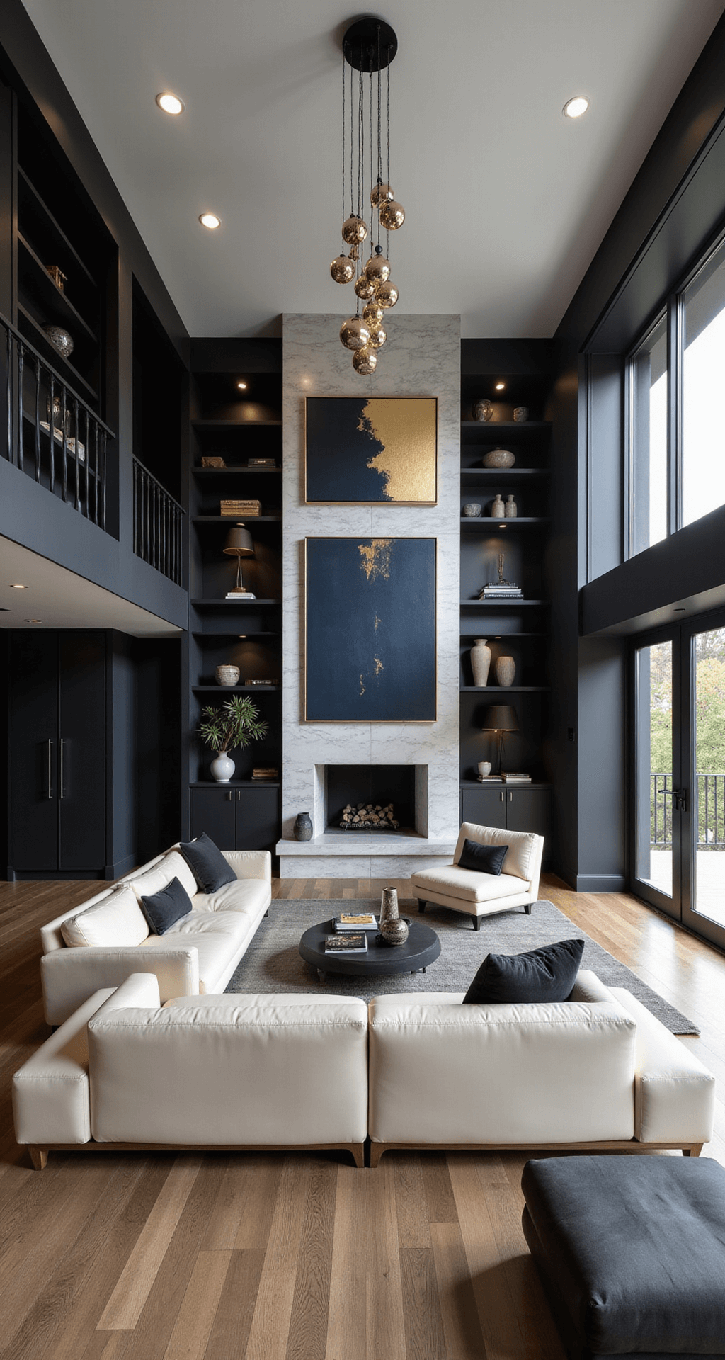 A mezzanine view of a double-height living room featuring matte black built-in shelves filled with art and ceramics, a cream leather L-shaped sofa facing a cantilevered marble fireplace, and oversized navy and gold abstract paintings on the main wall, illuminated by recessed lights and a glass bubble chandelier. The color palette includes blacks, creams, and burnished metals, emphasizing vertical space and architectural drama.