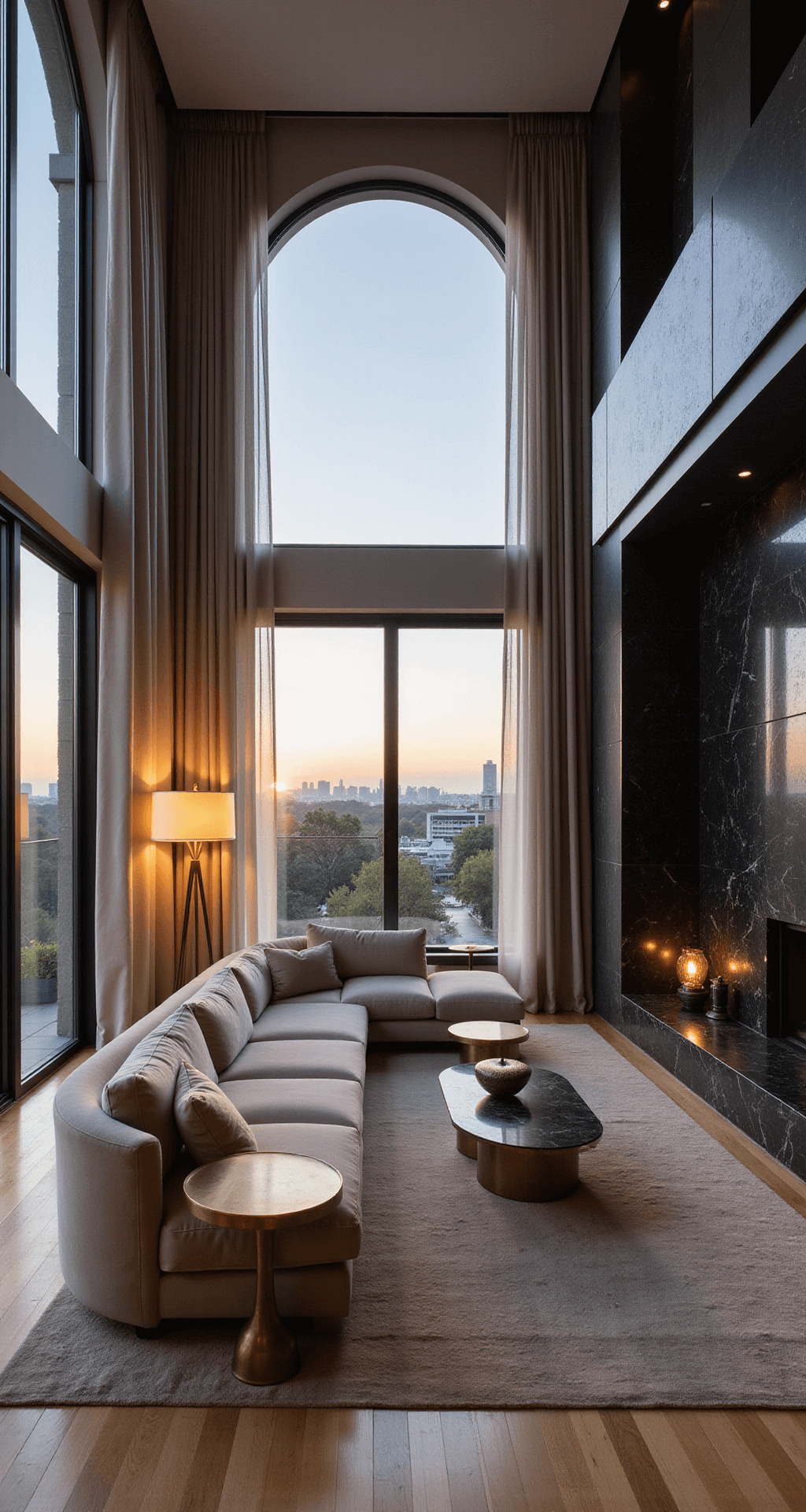 A contemporary open-plan living area at dusk, featuring a curved modular sofa in pearl grey velvet, warm lighting from floor lamps, and a massive arched window with city views, complemented by bronze side tables and a minimalist black marble fireplace.