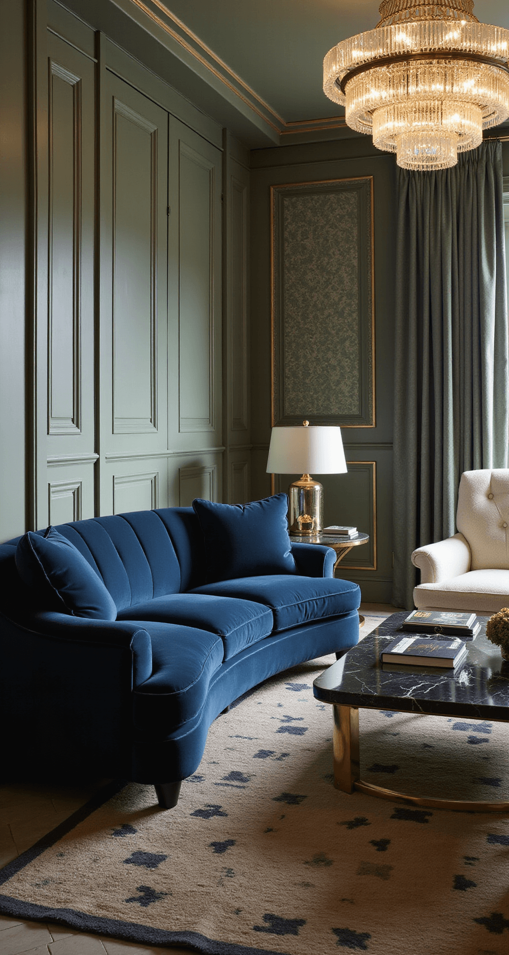 Art deco-inspired living space at twilight featuring sage green fluted wall panels, a curved navy velvet sofa, cream bouclé armchairs, and a black marble coffee table with brass legs, illuminated by a tiered crystal chandelier and complemented by silk wallpaper, pleated drapes, and a geometric wool rug.