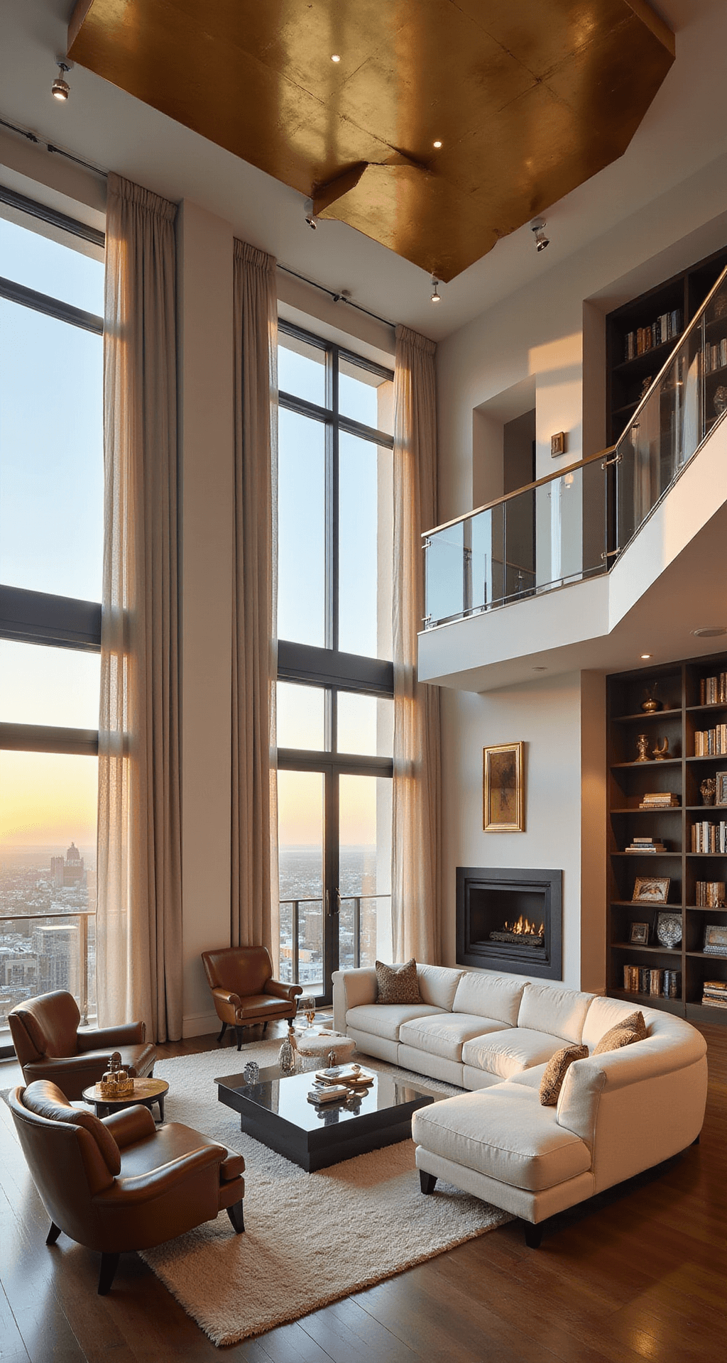 A luxurious penthouse living room at sunset with double-height windows, automated silk curtains, a floating glass staircase leading to a mezzanine library, an ivory bouclé modular sofa, vintage leather club chairs, and a polished brass ceiling installation, all enhanced by a warm color palette.