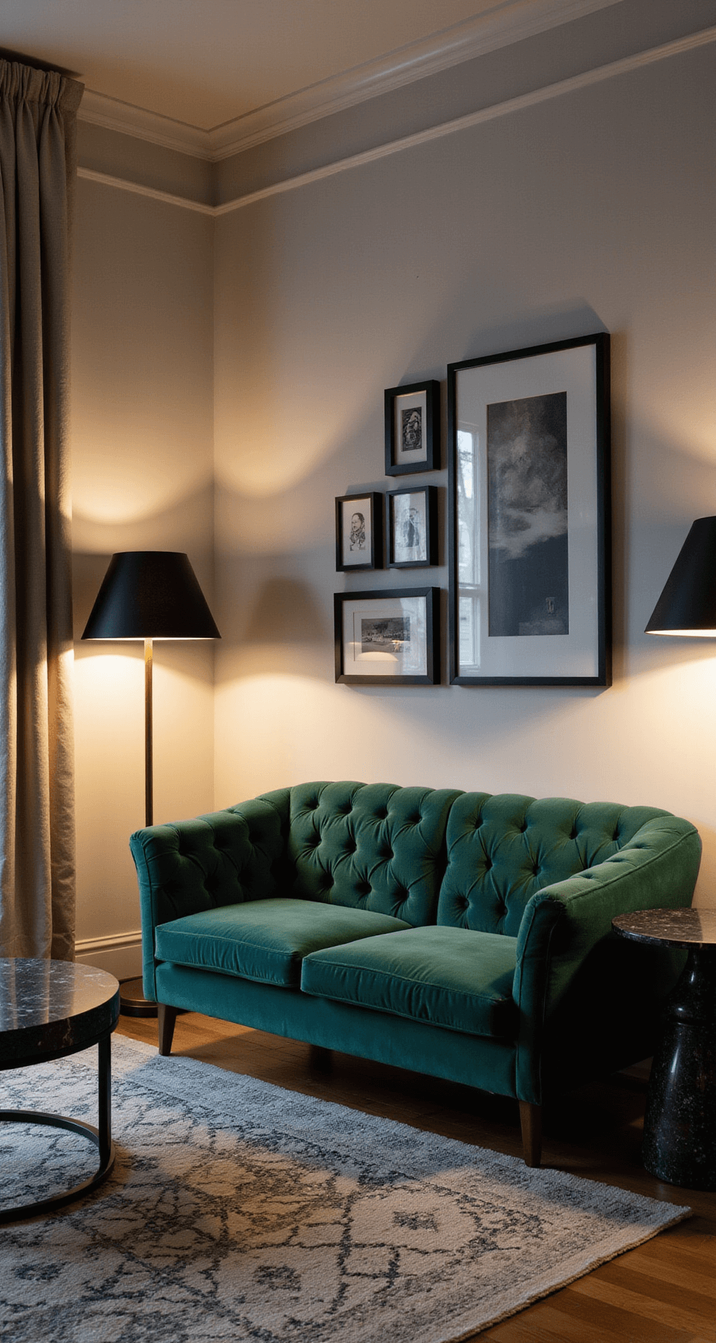 Crafting the Ultimate Luxury Living Room: A Designer's Guide to Timeless Sophistication A cozy living space featuring an emerald velvet tufted sofa against ivory walls, with a dramatic black-framed art gallery wall, aged brass floor lamps, and a sculptural black marble side table, all enhanced by geometric patterns on a hand-knotted wool rug, captured at dusk with accent lighting that creates a moody atmosphere.