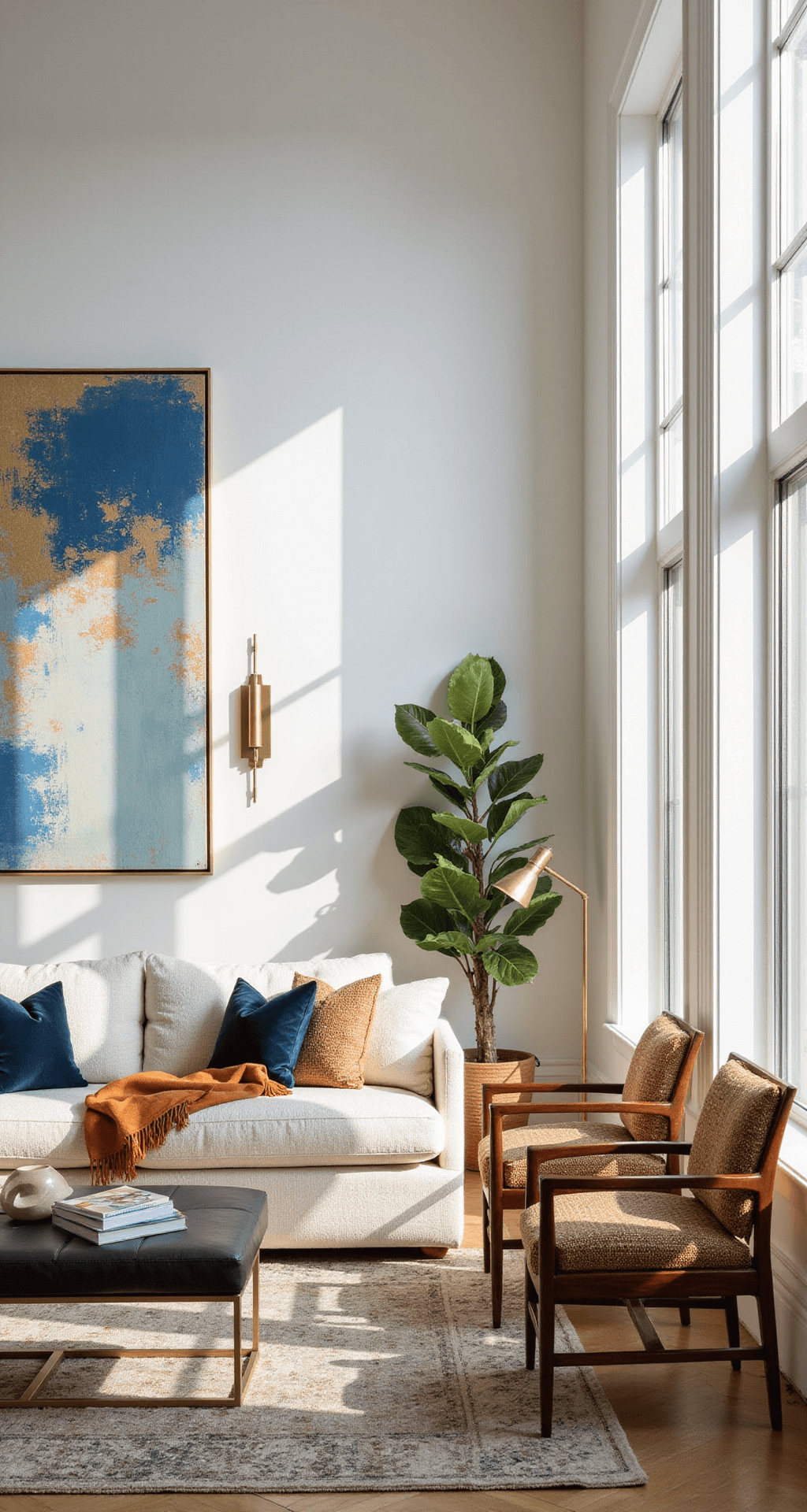 Crafting the Ultimate Luxury Living Room: A Designer's Guide to Timeless Sophistication A bright and airy corner living room with 12-foot white walls, featuring an oversized abstract canvas in blues and golds, a warm ivory bouclé sectional, vintage rosewood accent chairs, and layered textures with silk throws, woven pillows, and a thick Moroccan rug, all illuminated by natural light from floor-to-ceiling windows.