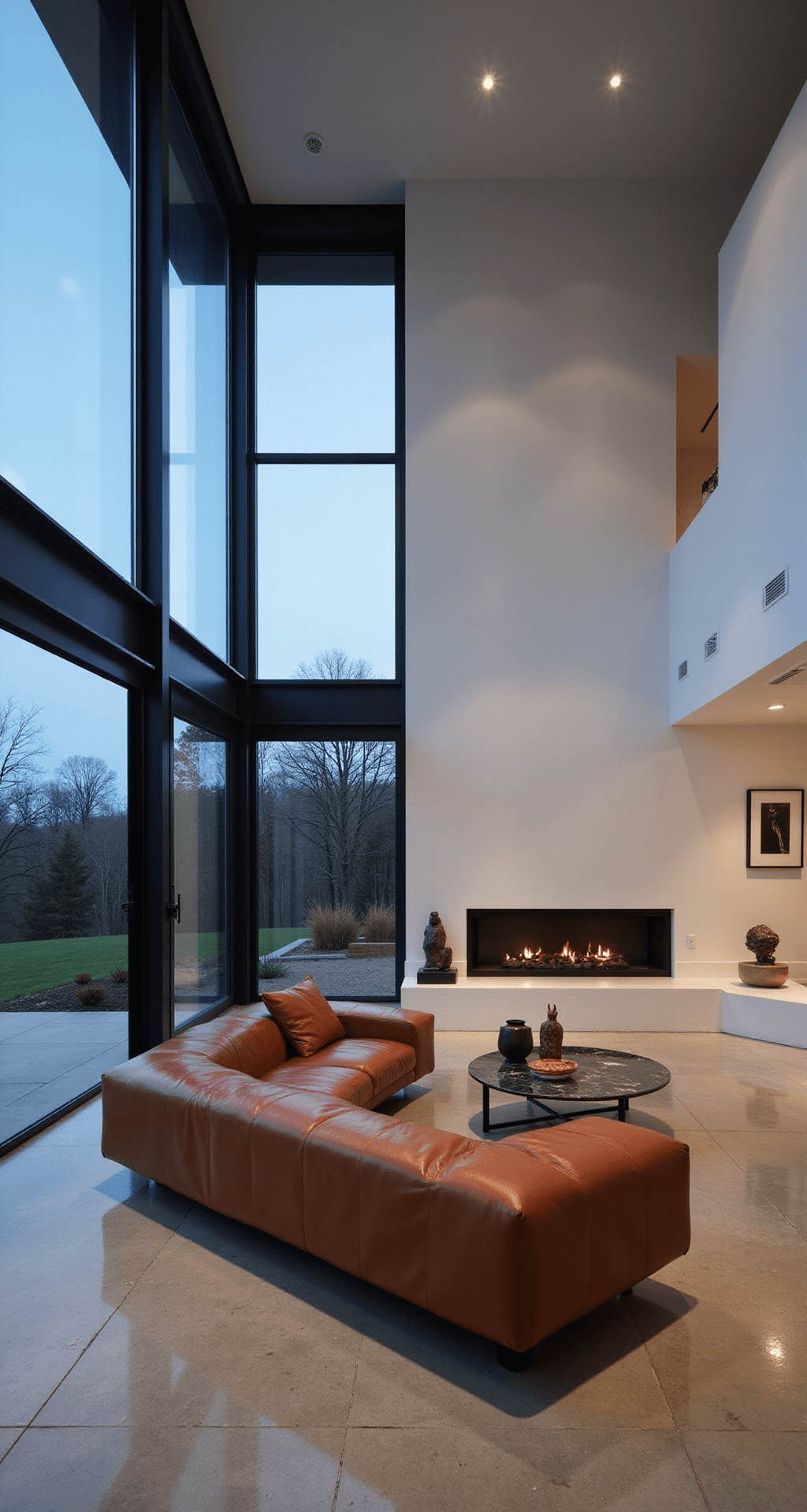 Crafting the Ultimate Luxury Living Room: A Designer's Guide to Timeless Sophistication Modernist great room at twilight featuring black steel-framed windows, white walls, a cognac leather sectional, and a floor-to-ceiling marble fireplace, with polished concrete floors and artistic bronze sculptures and photography.