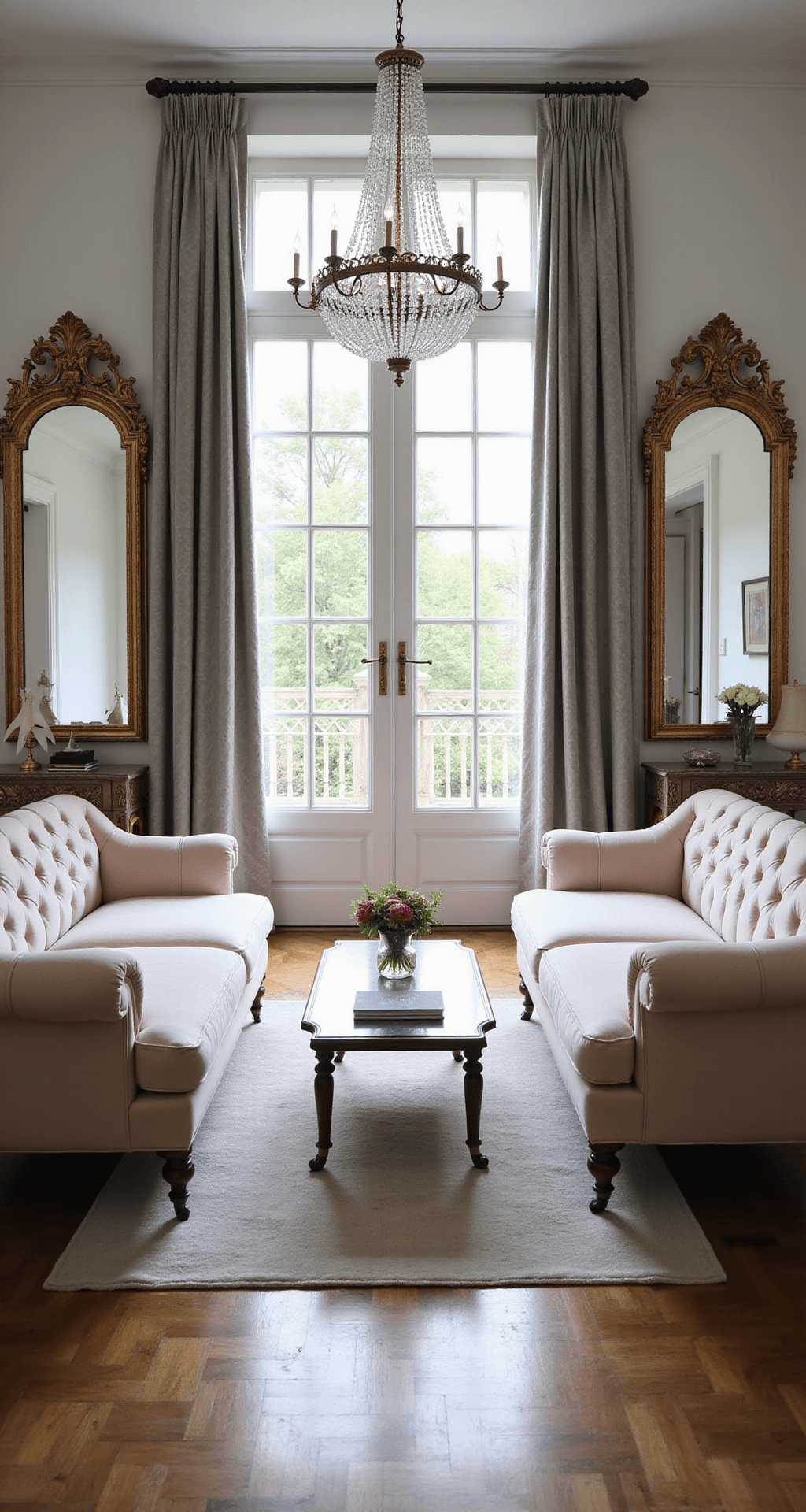 Crafting the Ultimate Luxury Living Room: A Designer's Guide to Timeless Sophistication An elegant sitting room featuring pale blush sofas, silk damask drapery, an antique coffee table, and a crystal chandelier, bathed in morning light with French doors opening to a terrace.