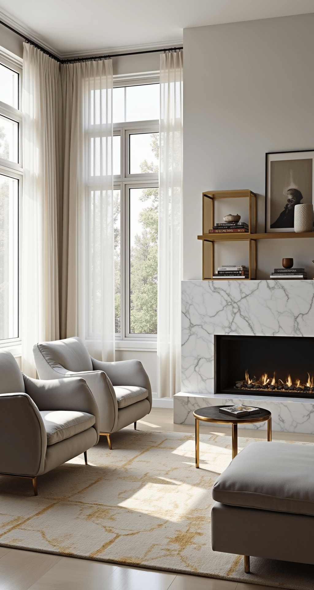 Crafting the Ultimate Luxury Living Room: A Designer's Guide to Timeless Sophistication A modern living space with double-height windows, sheer linen panels, dove grey slipper chairs, a floating marble fireplace, brass étagères with art and books, and an abstract cream and gold wool rug, all illuminated by natural daylight.