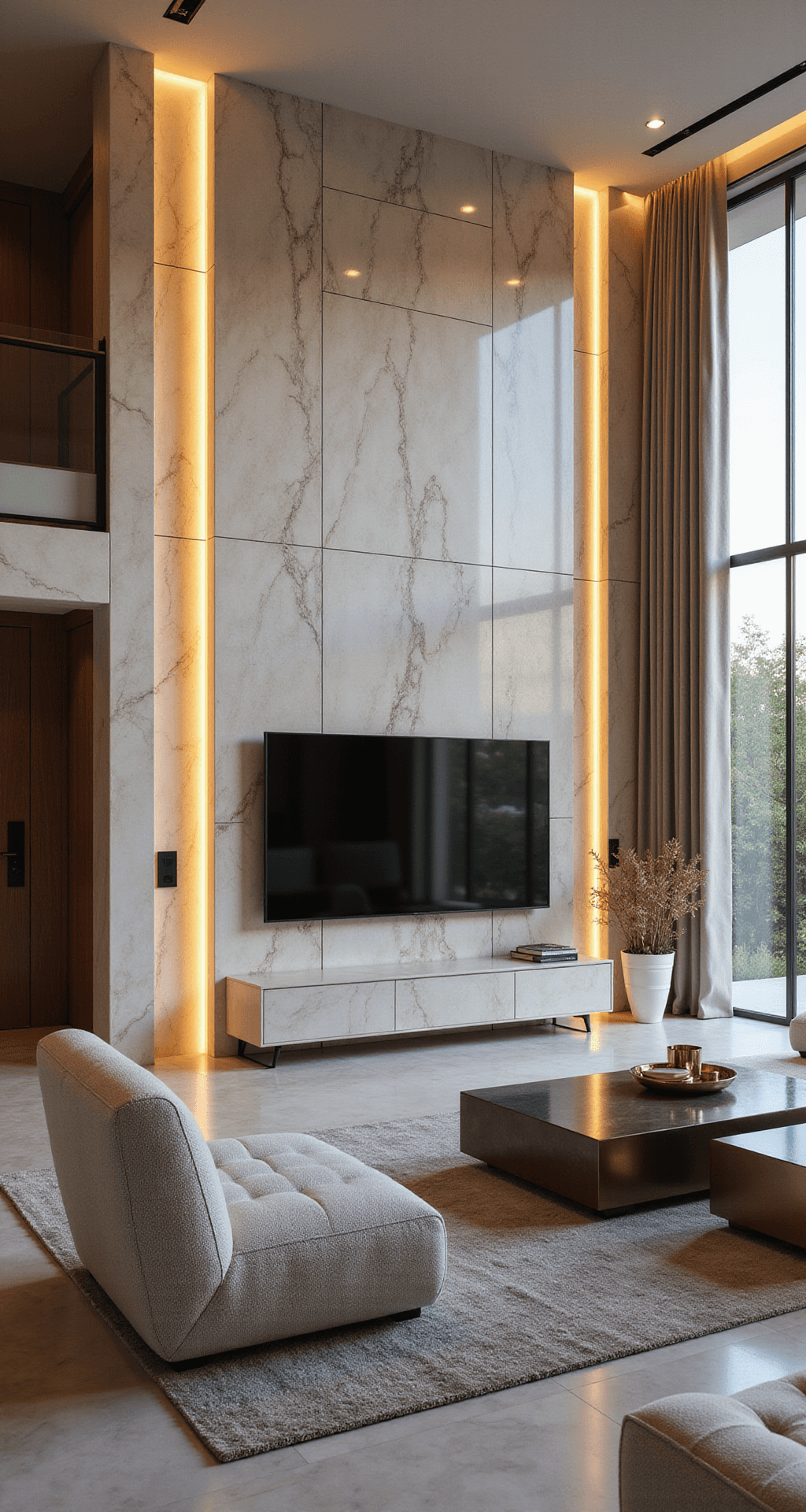 Cinematic wide shot of a contemporary living room featuring soaring ceilings, marble panels, and a large OLED TV, illuminated by natural light at golden hour.
