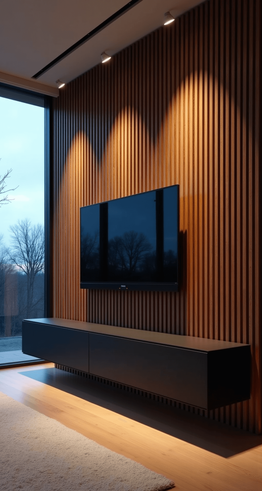 Low-angle view of a minimalist room with vertical walnut slats and brass inlays, featuring a floating black TV mount and a matte black console. Integrated spotlights illuminate the textured wood wall, while cool dusk light contrasts with warm artificial lighting.