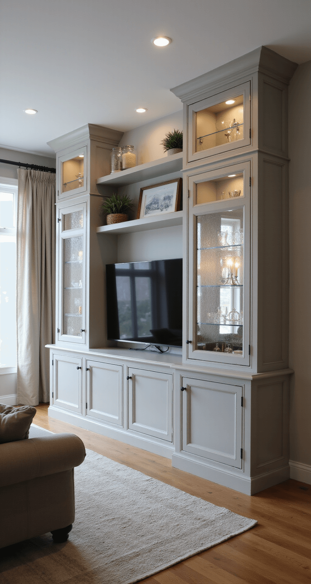 Eye-level view of a 16ft built-in media wall in a transitional living room, featuring a 65-inch TV flanked by symmetrical cabinets with antiqued mirror accents, illuminated by morning light. Custom glass shelving and hidden storage panels in dove grey are softly highlighted, creating a sophisticated atmosphere with natural diffused light through sheer curtains.