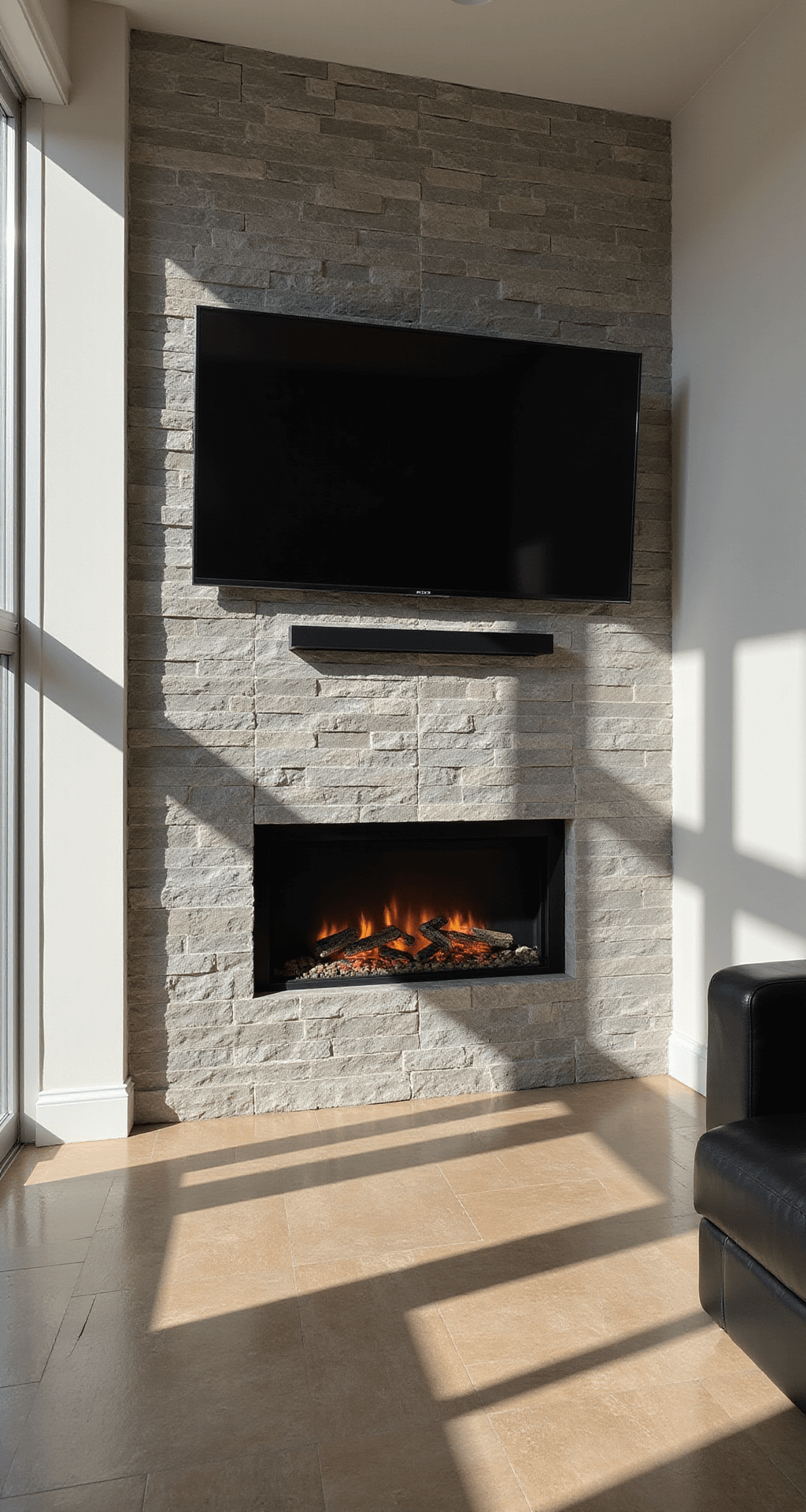 A cozy corner perspective of a 15x20ft room featuring an integrated electric fireplace beneath a wall-mounted TV, adorned with floor-to-ceiling stone cladding in warm grey tones and metallic flecks, illuminated by afternoon sunlight creating shadows on the textured surface, captured from a seated position with balanced natural and fireplace lighting.