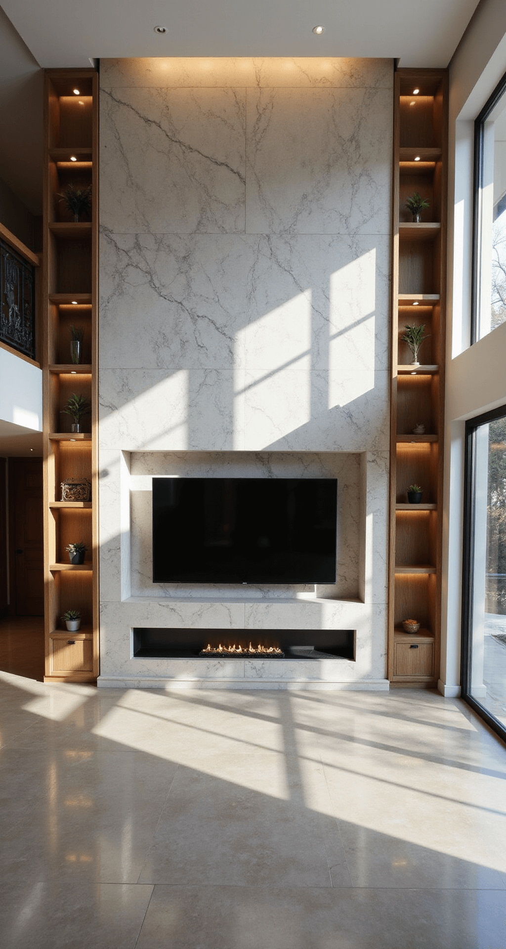 Elevated view of a spacious open-concept living room showcasing a 20ft marble media wall with waterfall edges, a recessed TV surrounded by floating wood shelves, and indirect lighting, all illuminated by morning light that casts dramatic shadows across the veined stone.
