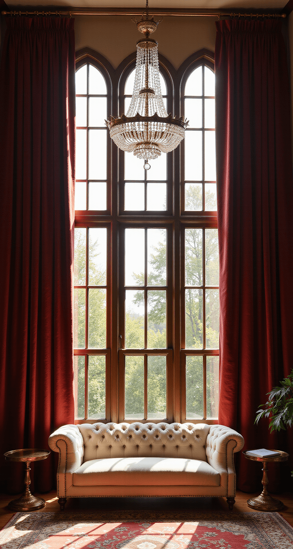 A grand living room with floor-to-ceiling burgundy velvet curtains framing arched windows, warm sunlight filtering through and casting shadows on a cream tufted chesterfield sofa, brass side tables, and a crystal chandelier, captured at golden hour from a corner angle.