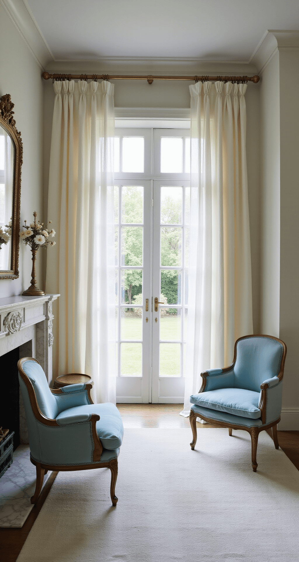 A bright and airy sitting room featuring billowing white silk curtains, pale blue velvet Louis XVI chairs, and a marble fireplace, with French doors opening to a garden view, all captured in soft, diffused lighting.
