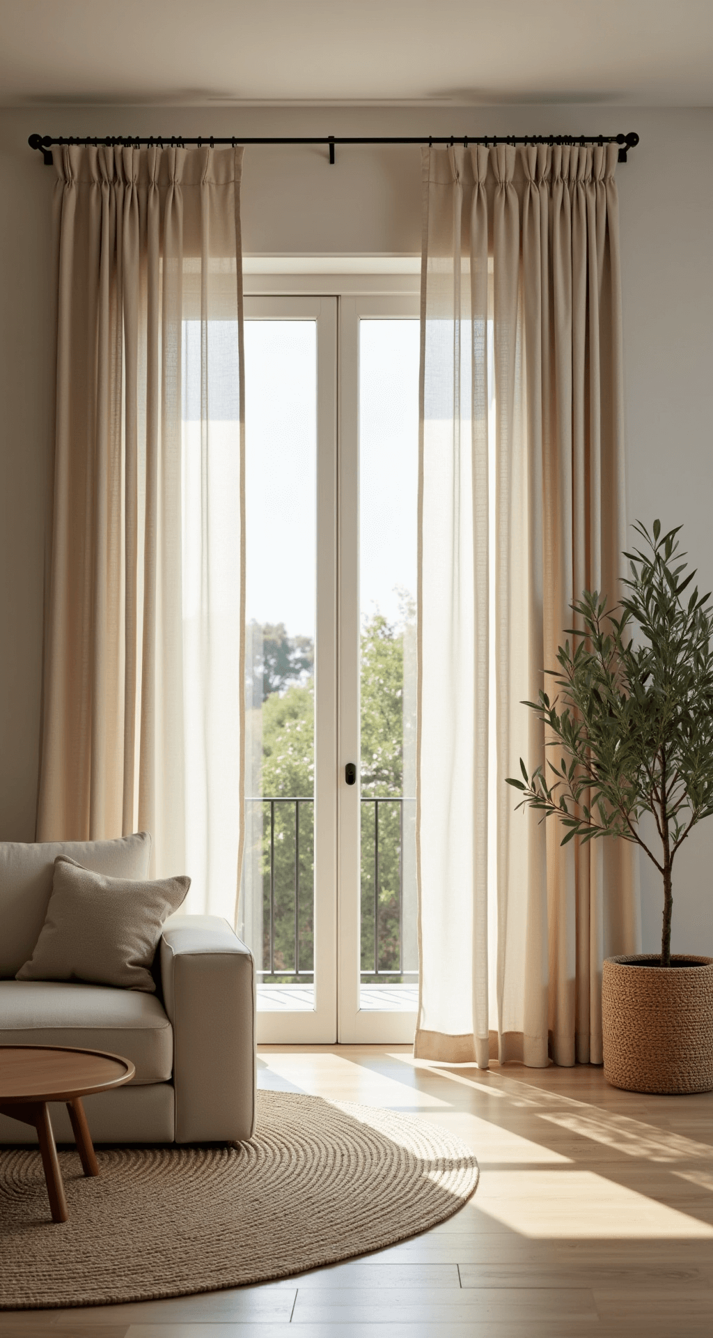 Open-concept space featuring floor-to-ceiling natural Belgian linen curtains in warm greige, modernist cream and taupe furniture, and a potted olive tree, all illuminated by afternoon light.