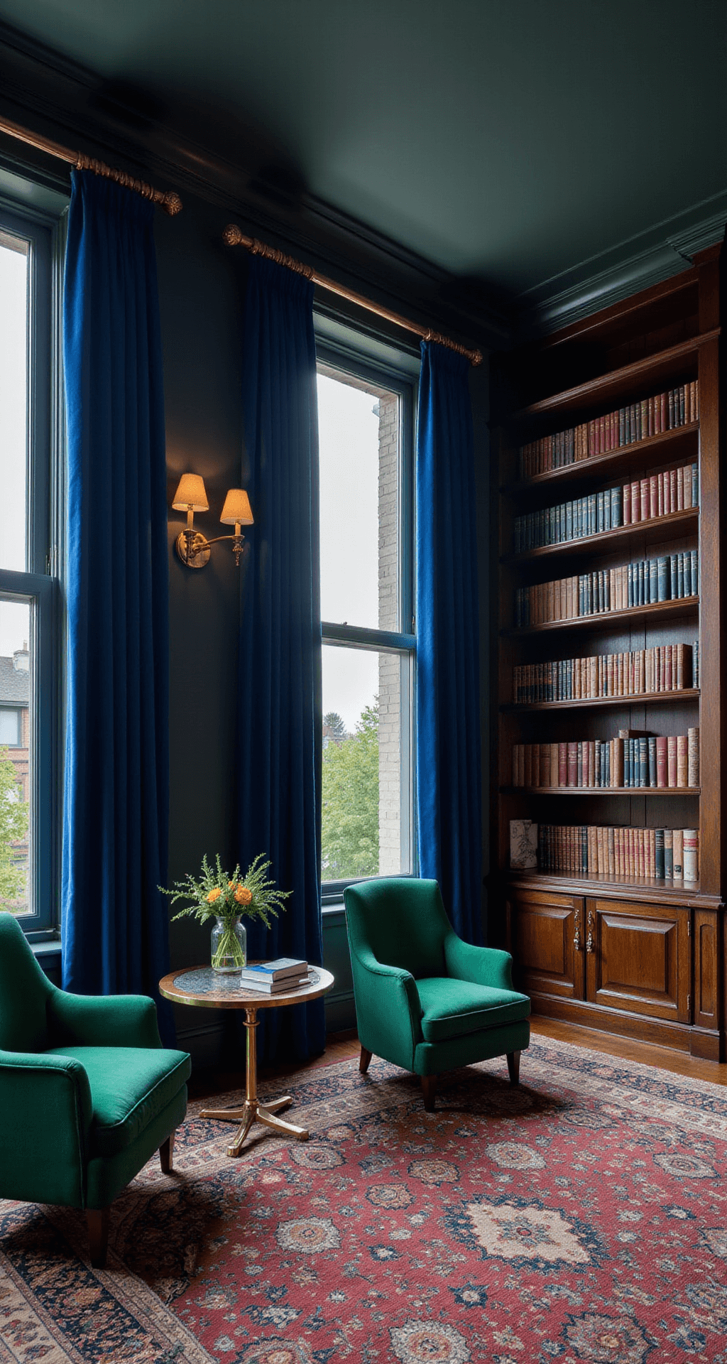 Moody evening shot of a library with sapphire blue velvet curtains, dark walnut bookshelves, emerald green accent chairs, and brass lighting, featuring an oriental rug and illuminated by ambient lighting.
