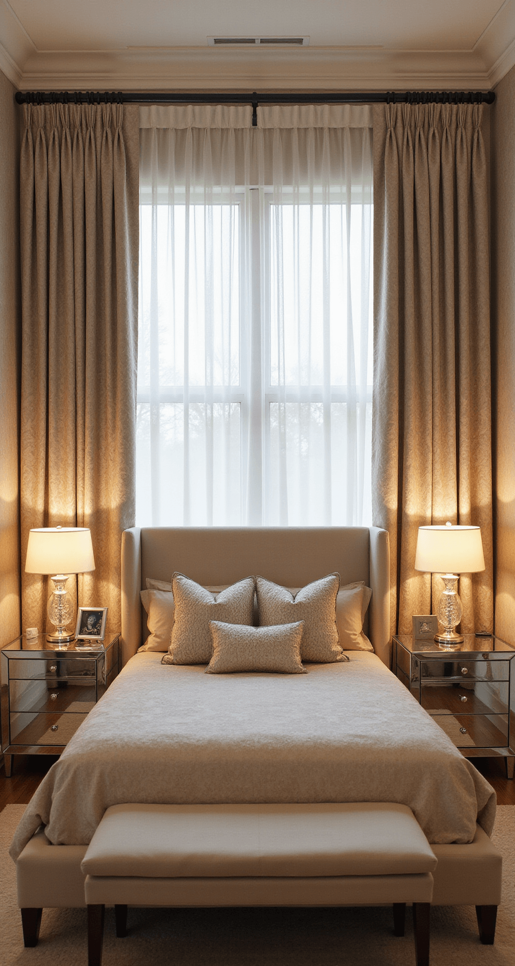 Luxurious master bedroom at dawn featuring a king-size bed with metallic linens, double-layer window treatments of sheer ivory silk and heavyweight champagne damask curtains, mirrored nightstands, crystal table lamps, and subtle metallic wallpaper.