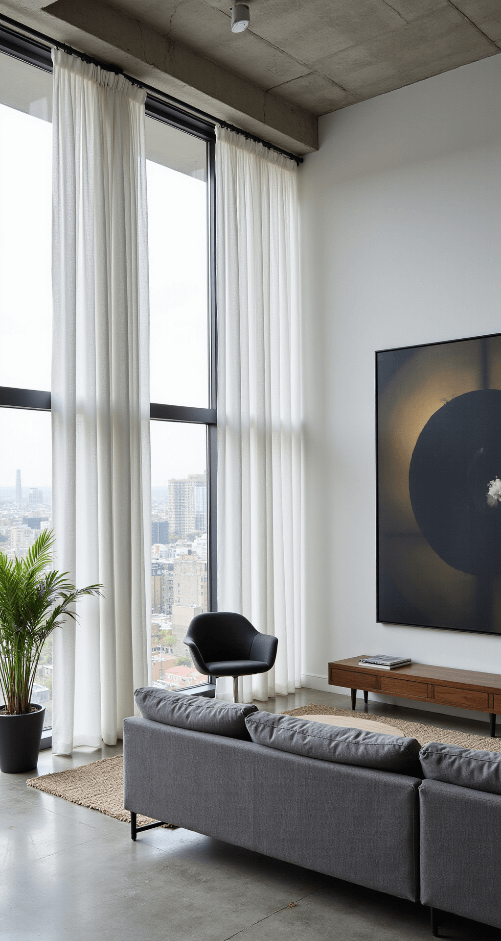 A high-angle shot of a modern minimalist penthouse living space featuring floor-to-ceiling windows, white linen ripple-fold curtains, concrete floors, and modernist grey and black furniture. Large-scale abstract art adorns the walls, while plants add organic elements to the urban decor. Natural light streams in, balanced with fill light for clarity of the interior details.