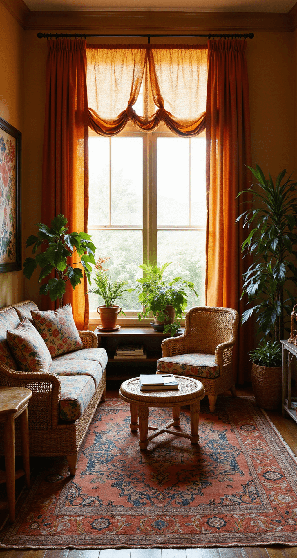 A cozy bohemian sitting room at sunset, featuring layered botanical-print and amber velvet window treatments, vintage Persian rugs, mixed pattern throw pillows, rattan furniture, abundant plants, and copper and brass accents, captured from a corner for depth in golden hour light.