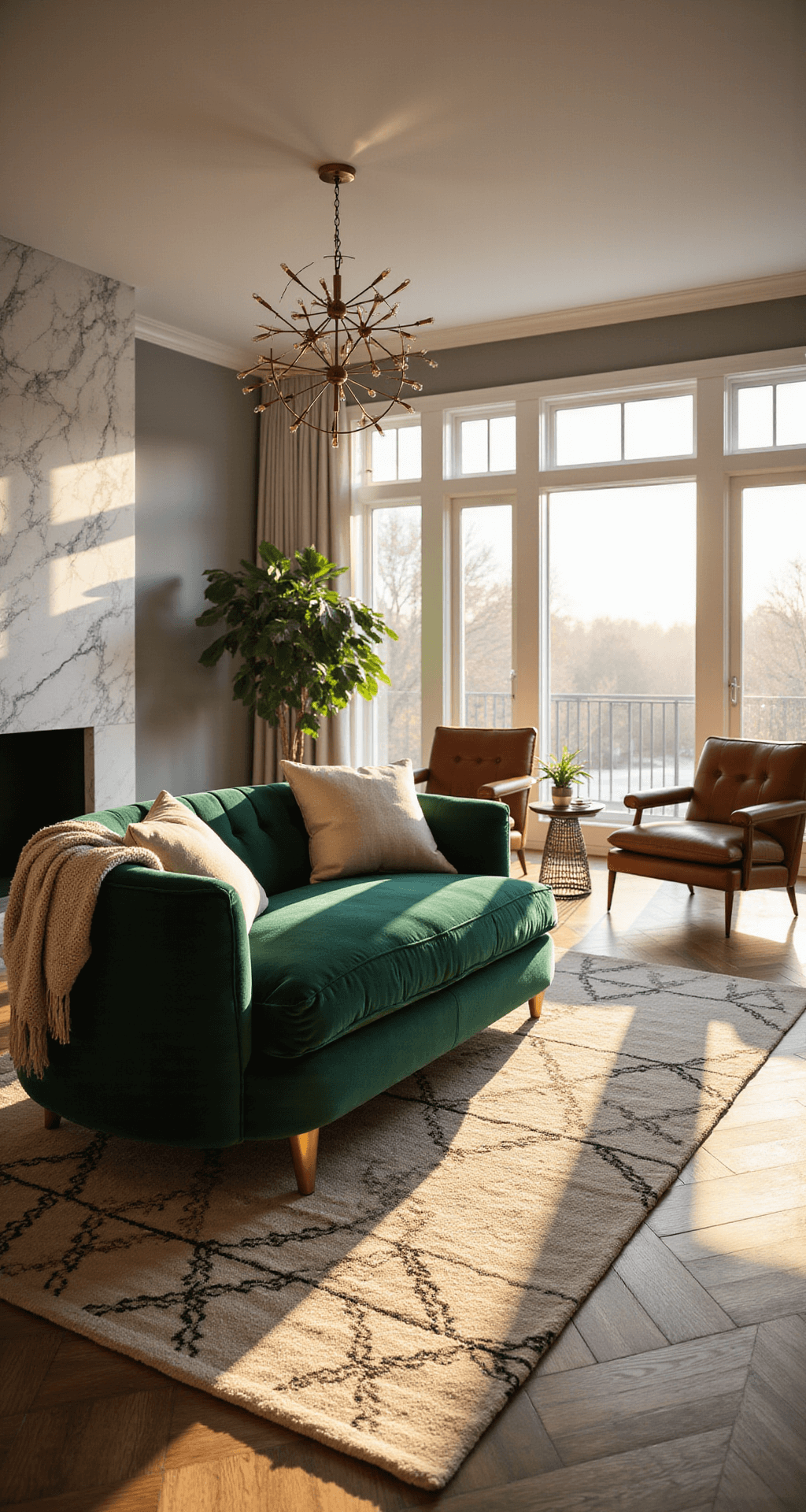 Luxury Living Room Decor: Transform Your Space into a High-End Sanctuary A luxurious living room featuring a deep emerald velvet sofa, brass-legged leather accent chairs, and a marble fireplace, illuminated by golden hour sunlight through floor-to-ceiling windows, with a geometric Moroccan rug and modern sputnik chandelier overhead.
