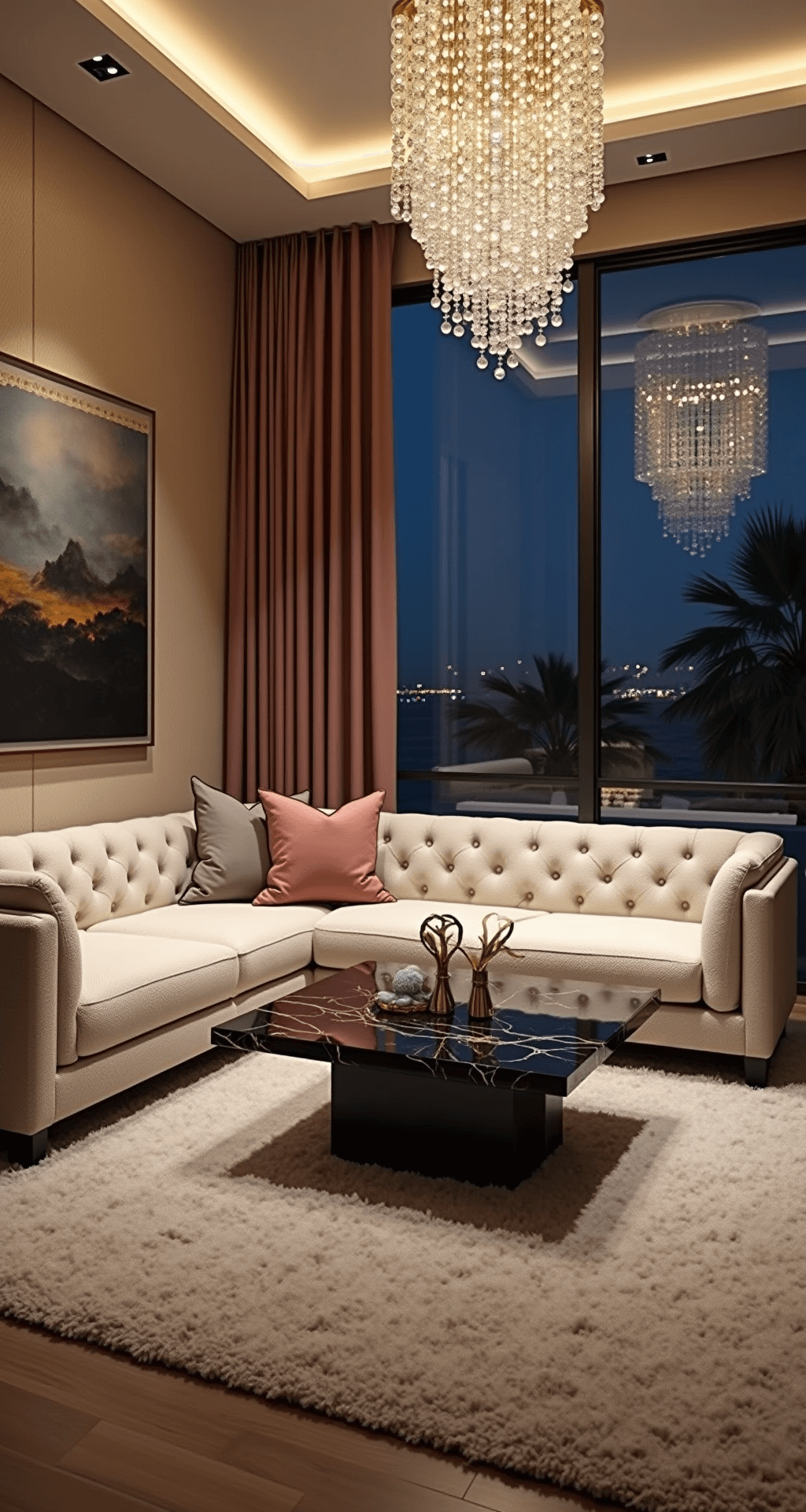 Luxury Living Room Decor: Transform Your Space into a High-End Sanctuary An intimate sitting area at dusk featuring a tufted cream boucle sectional, a black marble coffee table with gold inlay, and a cascading crystal chandelier, surrounded by silk wallpaper, velvet drapes, and a plush shag rug, illuminated by soft diffused lighting.