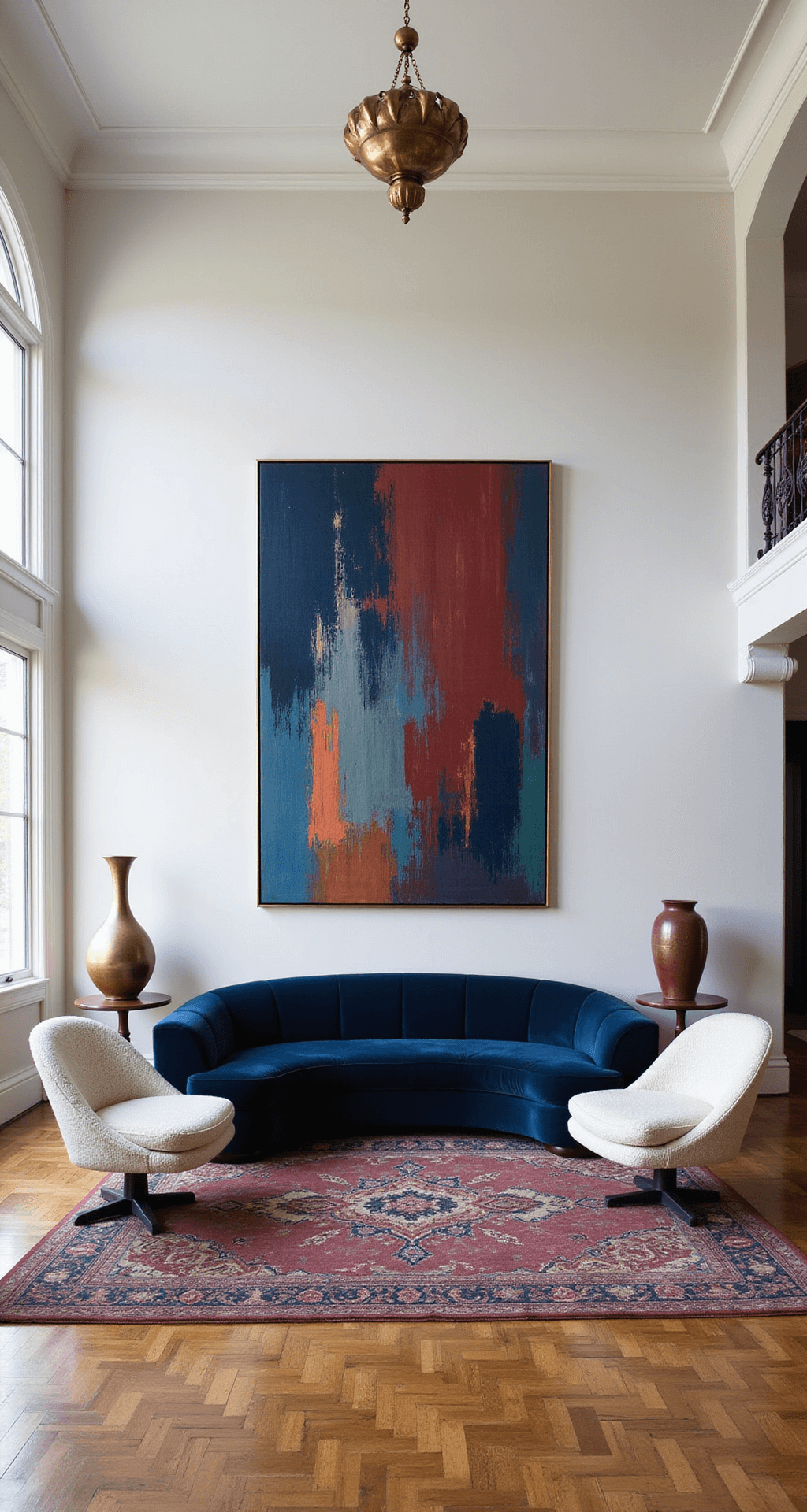 Luxury Living Room Decor: Transform Your Space into a High-End Sanctuary A spacious open-concept living area with 12ft ceilings, featuring a navy velvet sofa, ivory bouclé swivel chairs, and an eye-catching abstract canvas in jewel tones above. The herringbone hardwood floors and vintage Persian rug are illuminated by natural light, accented with fill lighting. Sculptural ceramic and brass decor complete the elegant interior.