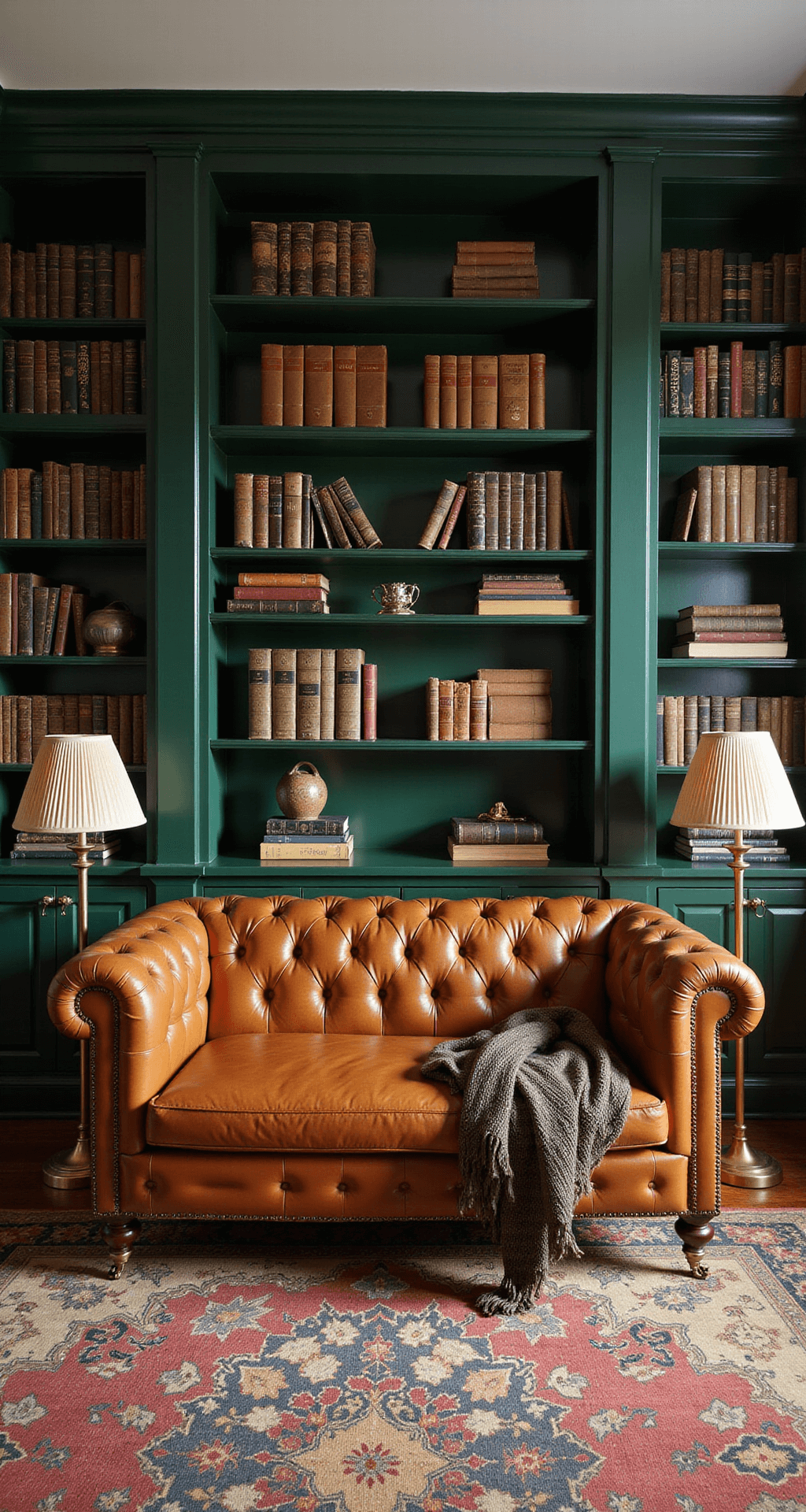 Luxury Living Room Decor: Transform Your Space into a High-End Sanctuary A cozy 16x20ft den at twilight features high-gloss hunter green built-in bookshelves, a cognac leather Chesterfield sofa, and brass floor lamps, accented by leather-bound books, wool throws, and a vintage Oushak rug, all under moody lighting that enhances the rich color palette.
