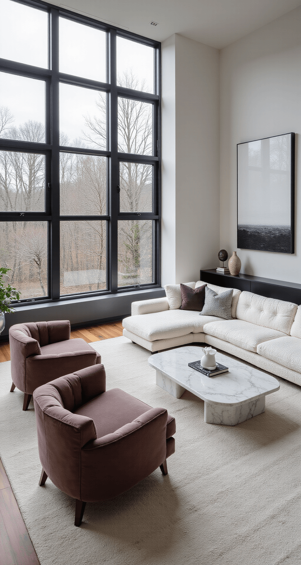 Luxury Living Room Decor: Transform Your Space into a High-End Sanctuary An airy 18x24ft living room with a black-framed window wall, featuring a winter white bouclé sectional, mauve channel-tufted velvet chairs, geometric marble coffee tables, and a modern area rug, complemented by oversized art and ceramic sculptures under bright lighting.