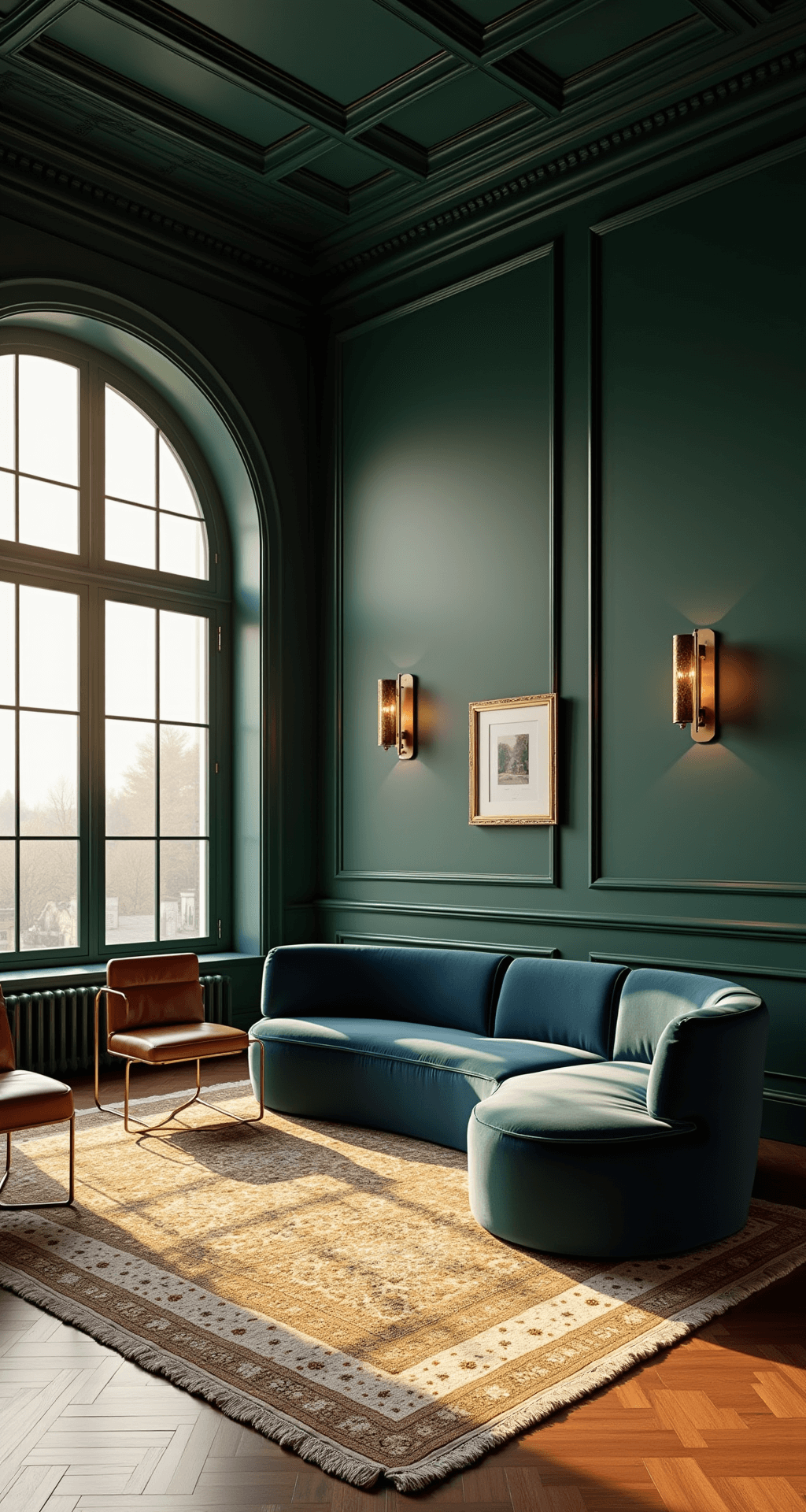 A spacious living room with deep emerald walls and a coffered ceiling, featuring a midnight blue velvet sofa, brass-framed leather chairs, and layered cream and gold Moroccan rugs, all illuminated by golden hour sunlight streaming through floor-to-ceiling windows.