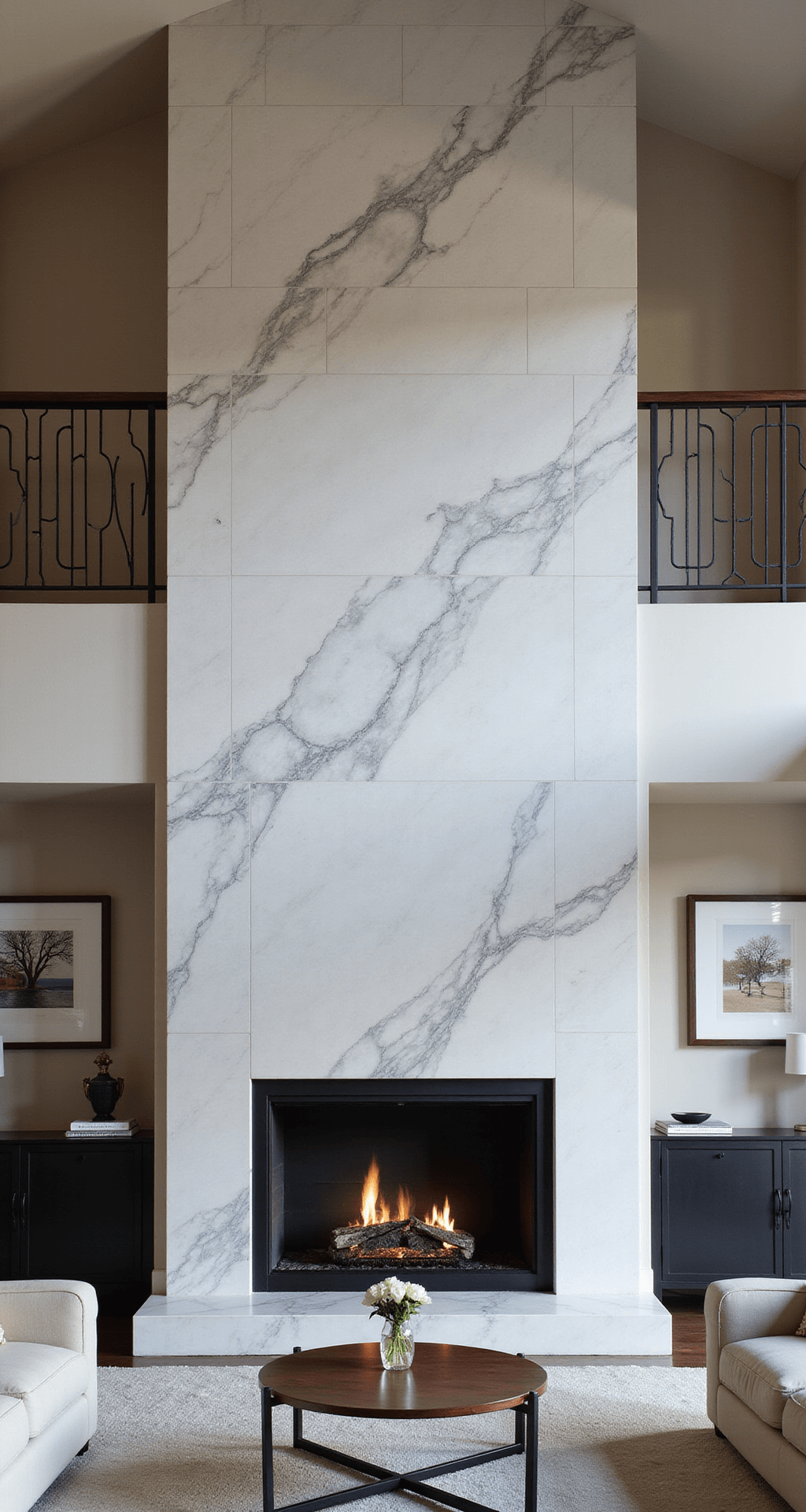 A dramatic double-height fireplace wall in book-matched white marble with a matte black steel frame, flanked by modern artwork, illuminated by hidden LED strips, with contemporary neutral-toned furnishings, captured in a low-angle ultra-wide shot.