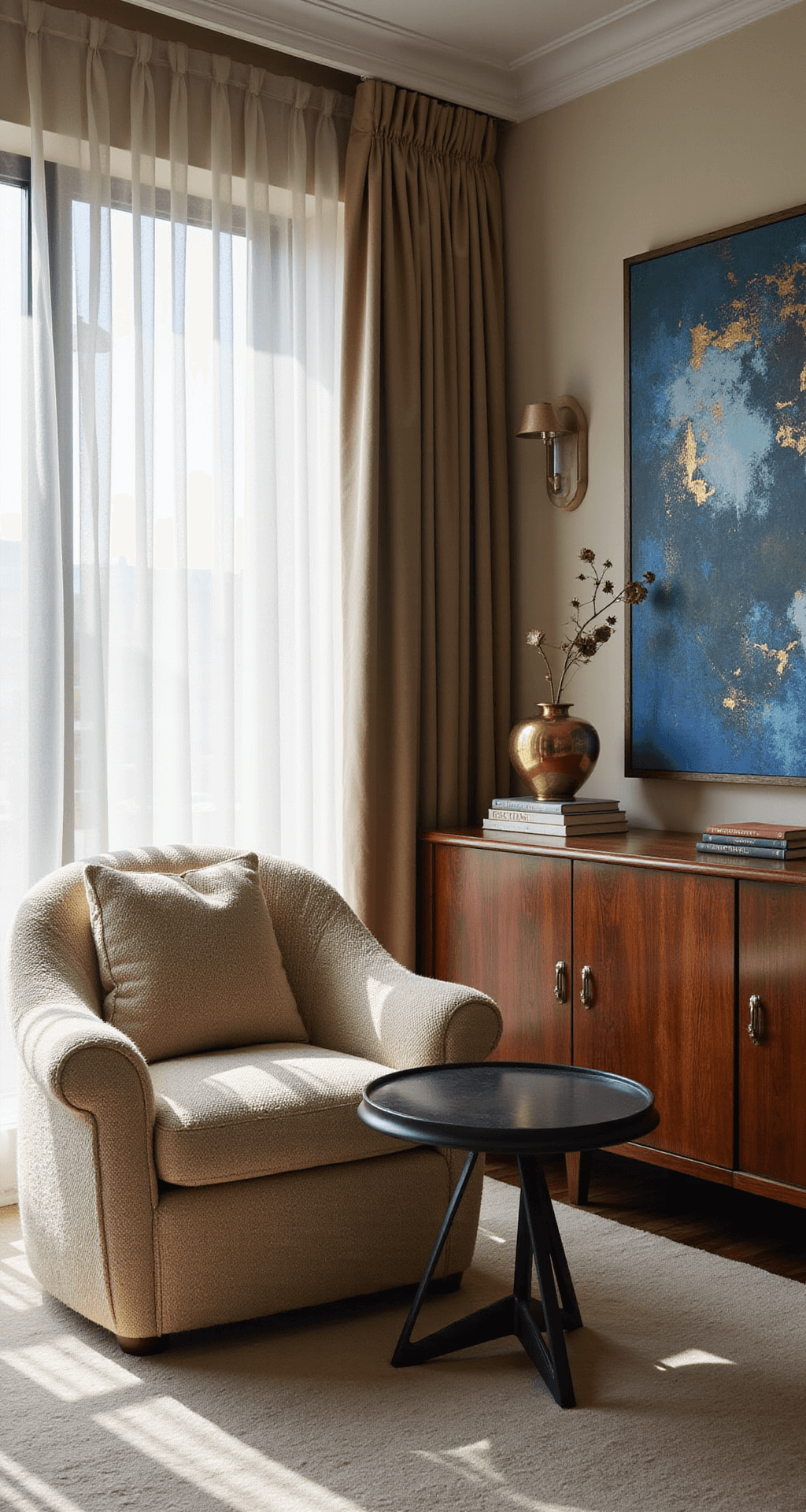Intimate luxury seating area with morning light filtering through sheer drapery, featuring a vintage rosewood credenza adorned with brass objects and art books, an oversized abstract canvas in blues and golds, a curved bouclé armchair, and an angular steel side table, highlighting intricate textures and materials.