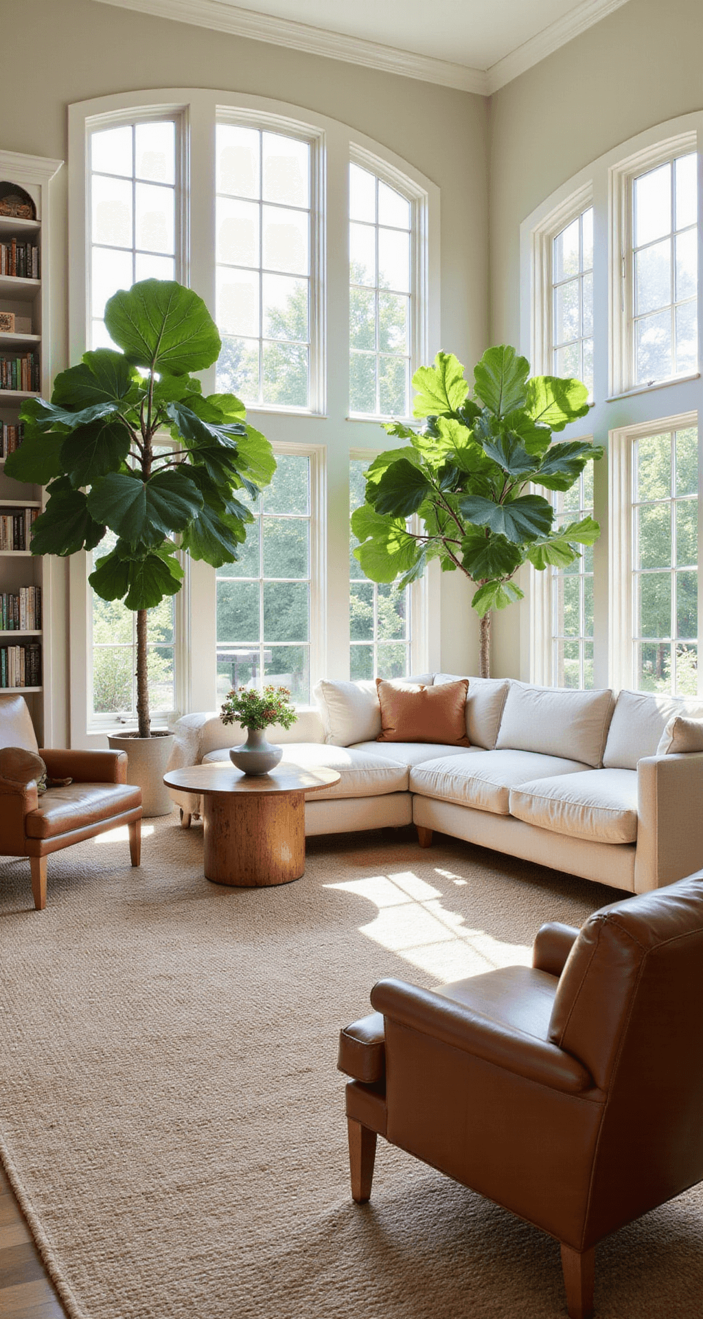 A bright sitting room featuring 14ft ceilings, arched windows, a cream bouclé sectional, cognac leather chairs, and oversized fiddle leaf fig trees beside built-in bookcases, with a natural jute rug layered over an antique Persian carpet, all captured with a wide-angle lens.