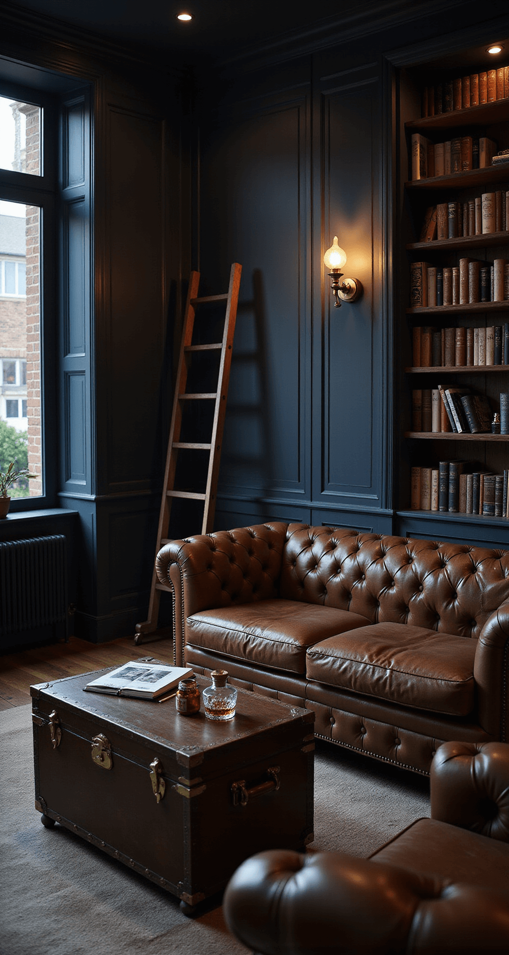 A cozy library-inspired space featuring navy lacquered walls and brass library lights, with a leather Chesterfield sofa, vintage trunk coffee table, and floor-to-ceiling bookcases with a rolling ladder, illuminated by a crystal decanter set, creating an intimate evening atmosphere.