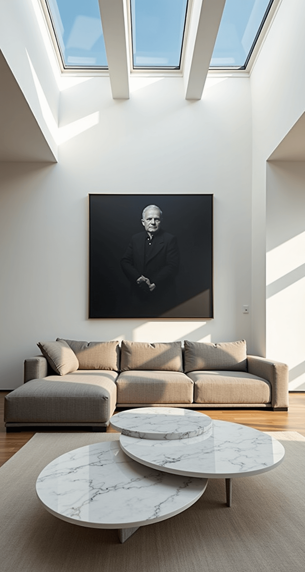 A modern minimalist great room featuring 16ft white walls adorned with monumental black and white photography above a low-profile Italian sectional sofa in greige linen. A trio of geometric marble coffee tables is situated in the center, while dramatic afternoon light filters through architectural skylights, casting shadows across the space.
