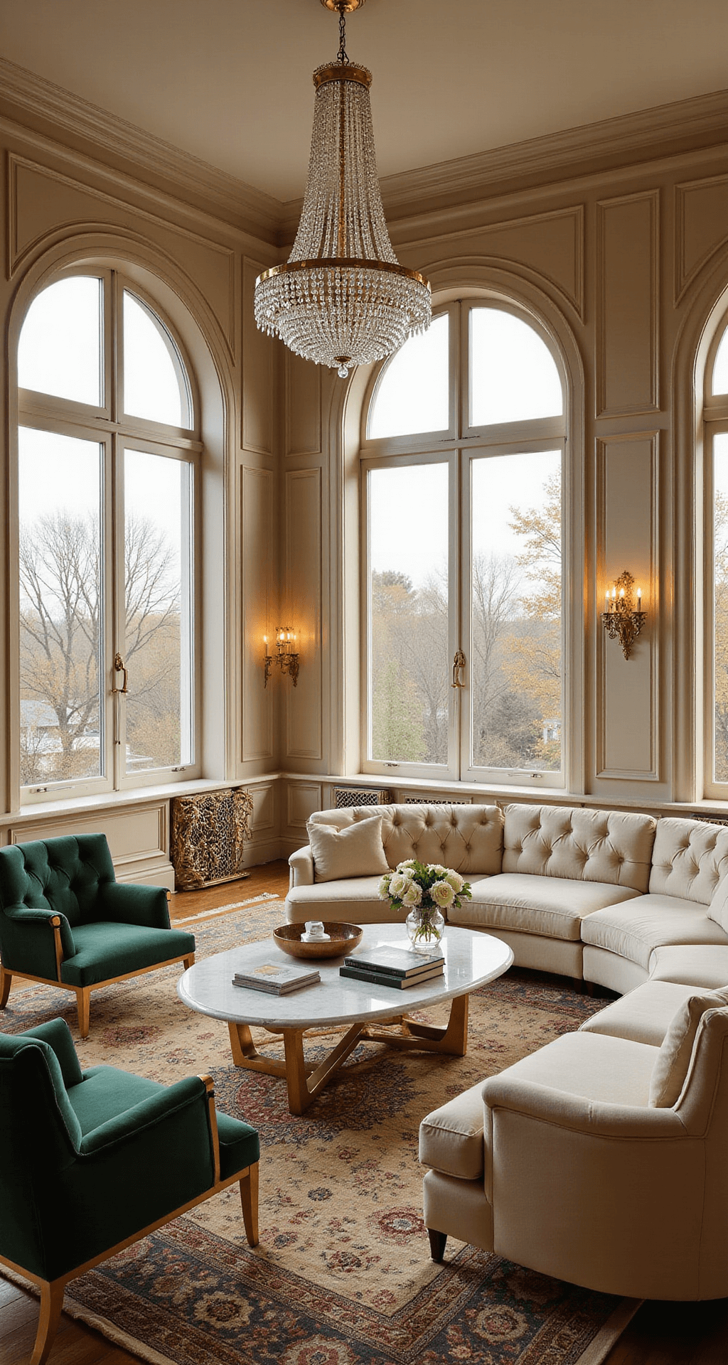 Luxury Living Room Design: Crafting an Opulent and Sophisticated Space A luxurious grand penthouse living room featuring a curved ivory velvet sofa, Venetian plaster walls in warm greige, and floor-to-ceiling brass-trimmed built-ins. The space is illuminated by golden hour light streaming through 12ft windows, with an oversized crystal chandelier casting prismatic shadows. An Italian marble coffee table sits atop layered silk and wool Persian rugs, complemented by emerald velvet accent chairs with polished brass frames. The scene conveys a mood of sophisticated tranquility.