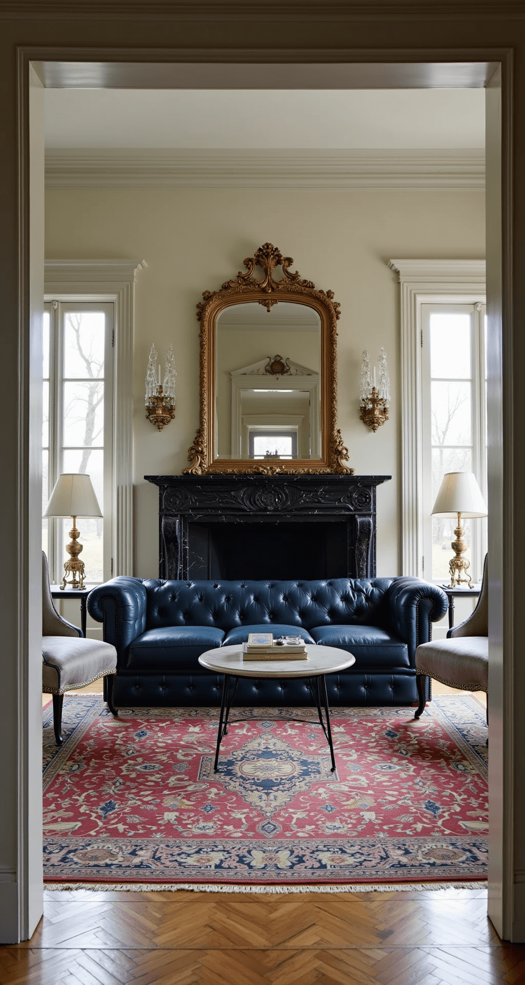 Luxury Living Room Design: Crafting an Opulent and Sophisticated Space A classic revival sitting room featuring herringbone hardwood floors, restored crown molding, and a midnight blue leather Chesterfield sofa on an antique Oushak rug, flanked by silver silk damask wingback chairs. A black marble fireplace with an ornate gilded mirror above serves as a focal point, illuminated by crystal wall sconces and vintage brass floor lamps, with morning light streaming through French doors.